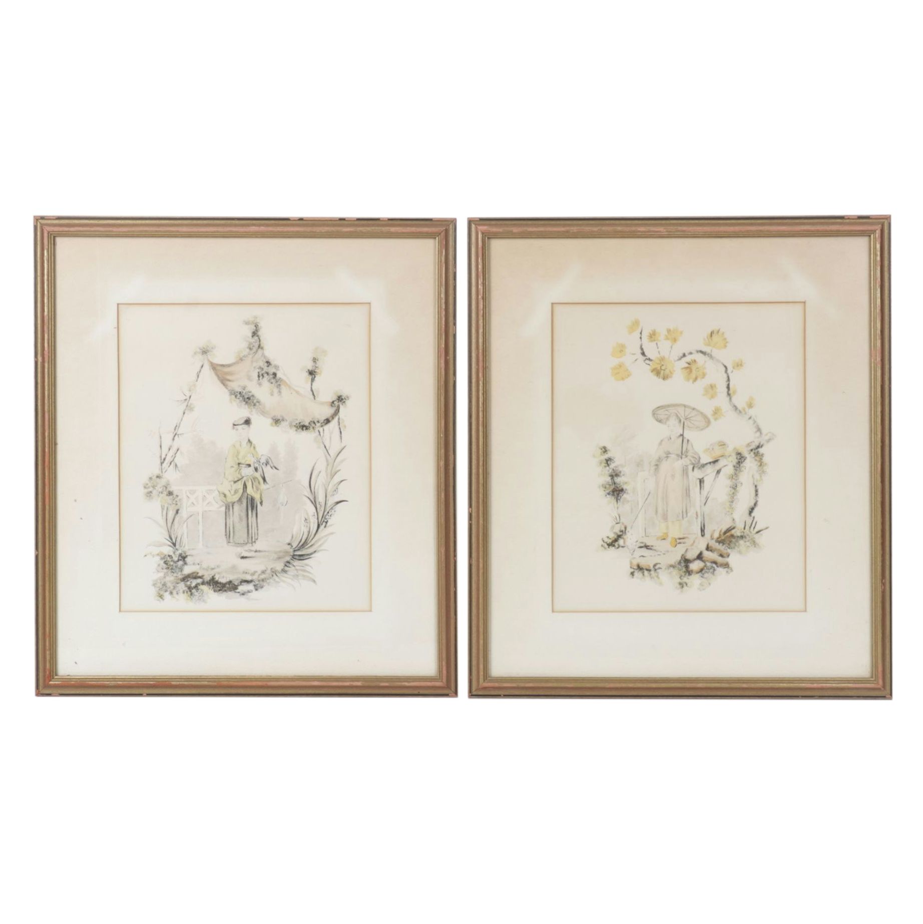 Orientalist Hand-Colored Lithos of Women in Garden Scenes, Mid-20th C.