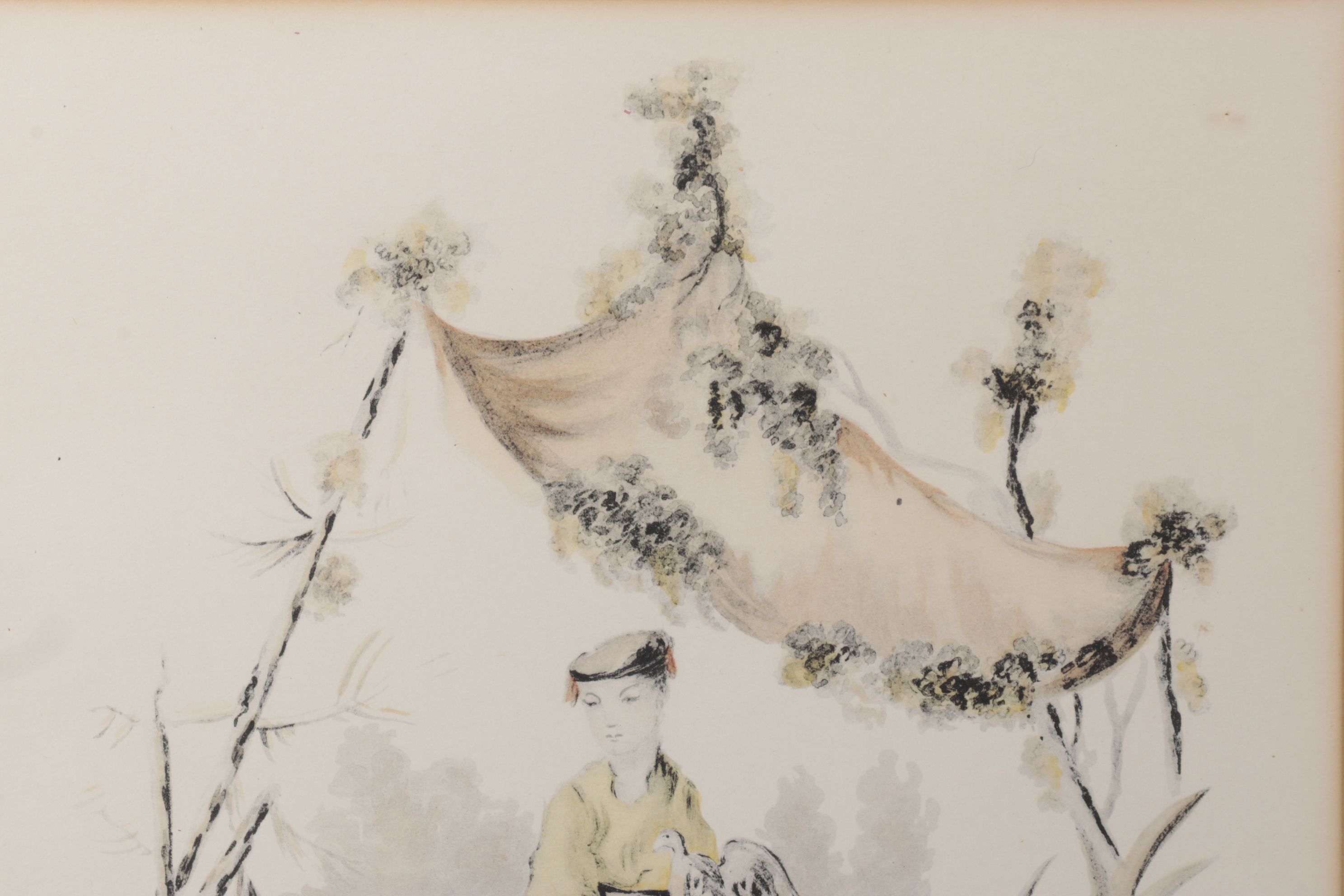 Orientalist Hand-Colored Lithos of Women in Garden Scenes, Mid-20th C.