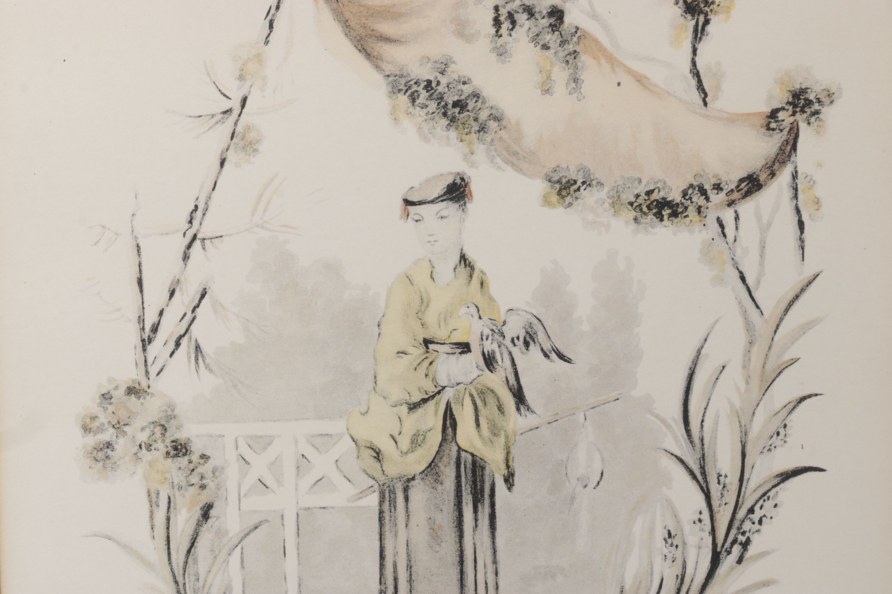 Orientalist Hand-Colored Lithos of Women in Garden Scenes, Mid-20th C.