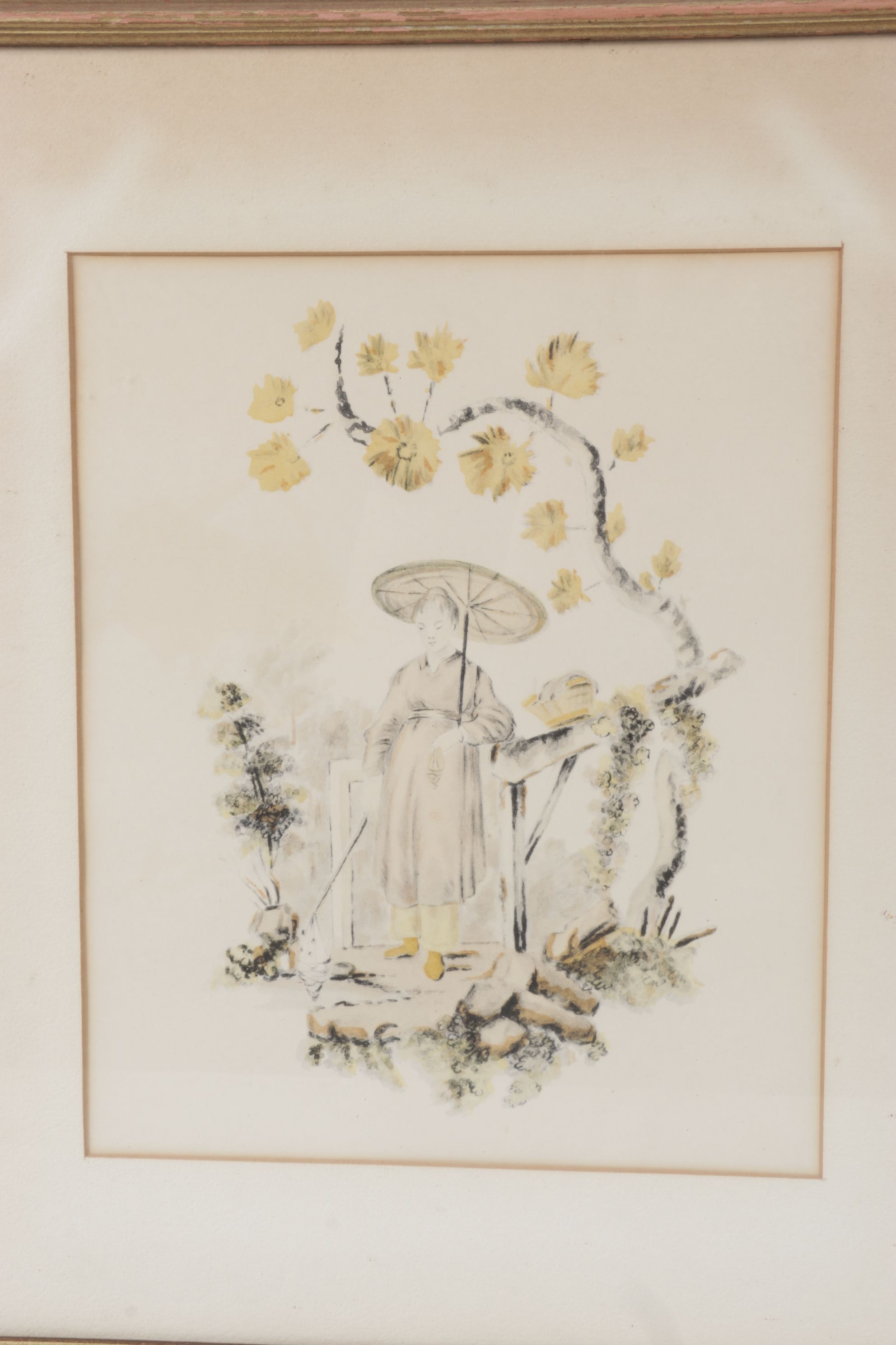 Orientalist Hand-Colored Lithos of Women in Garden Scenes, Mid-20th C.