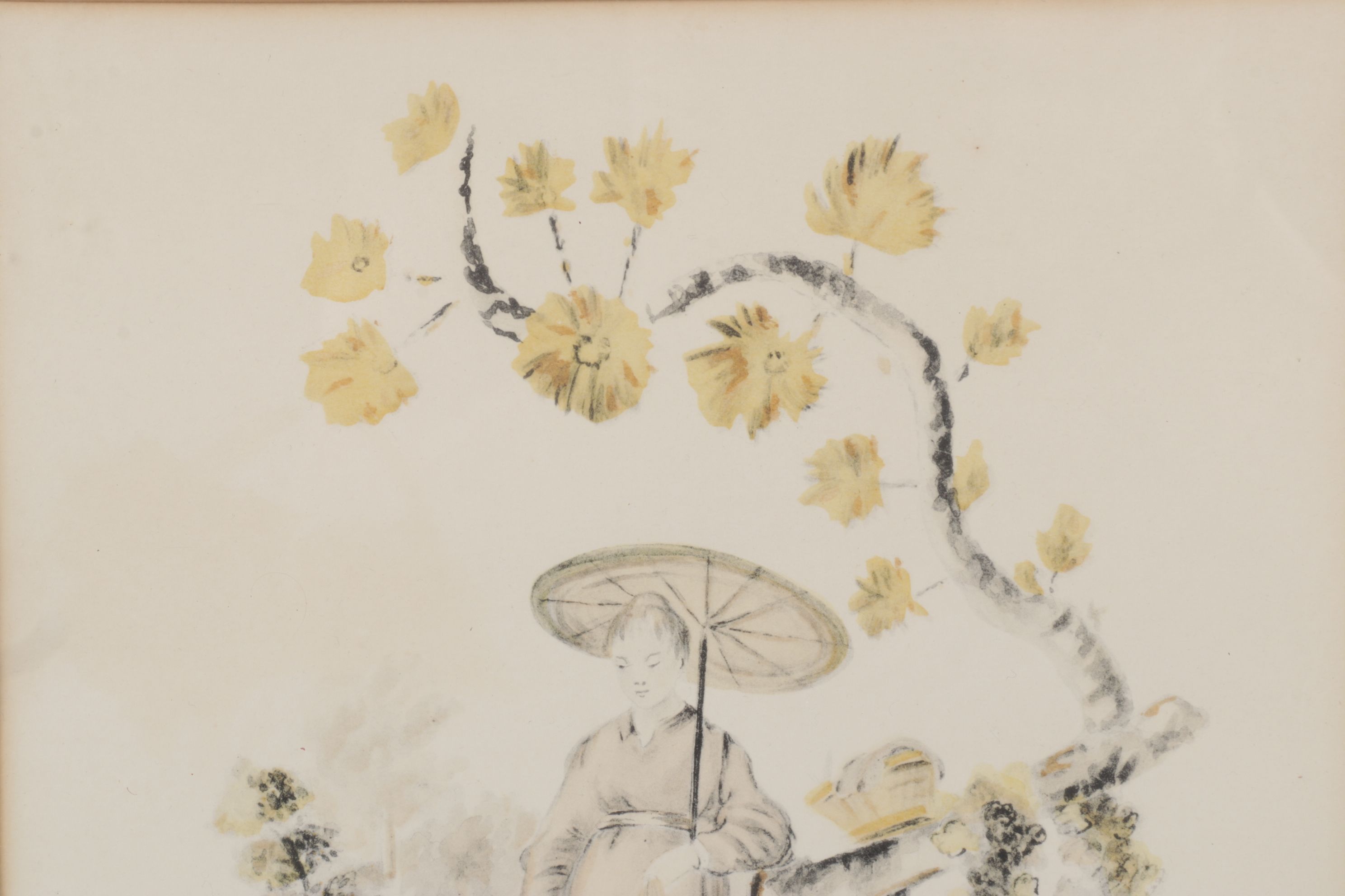 Orientalist Hand-Colored Lithos of Women in Garden Scenes, Mid-20th C.