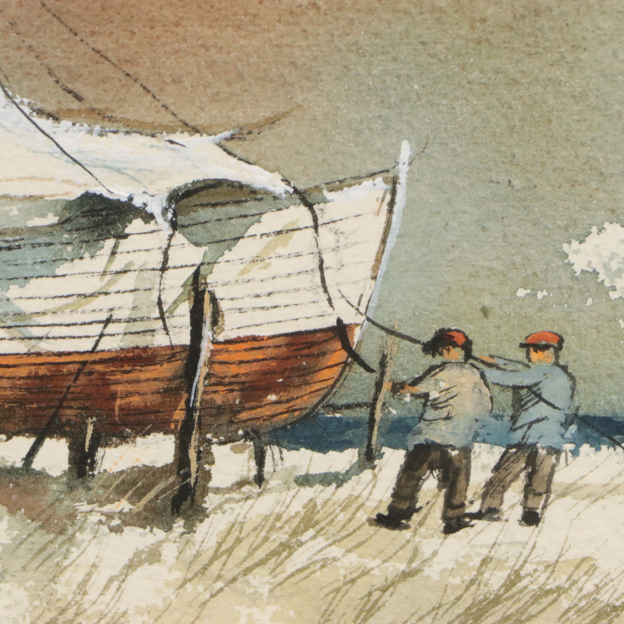 Robert Fabe Nautical Scene Watercolor Painting, Mid-20th Century