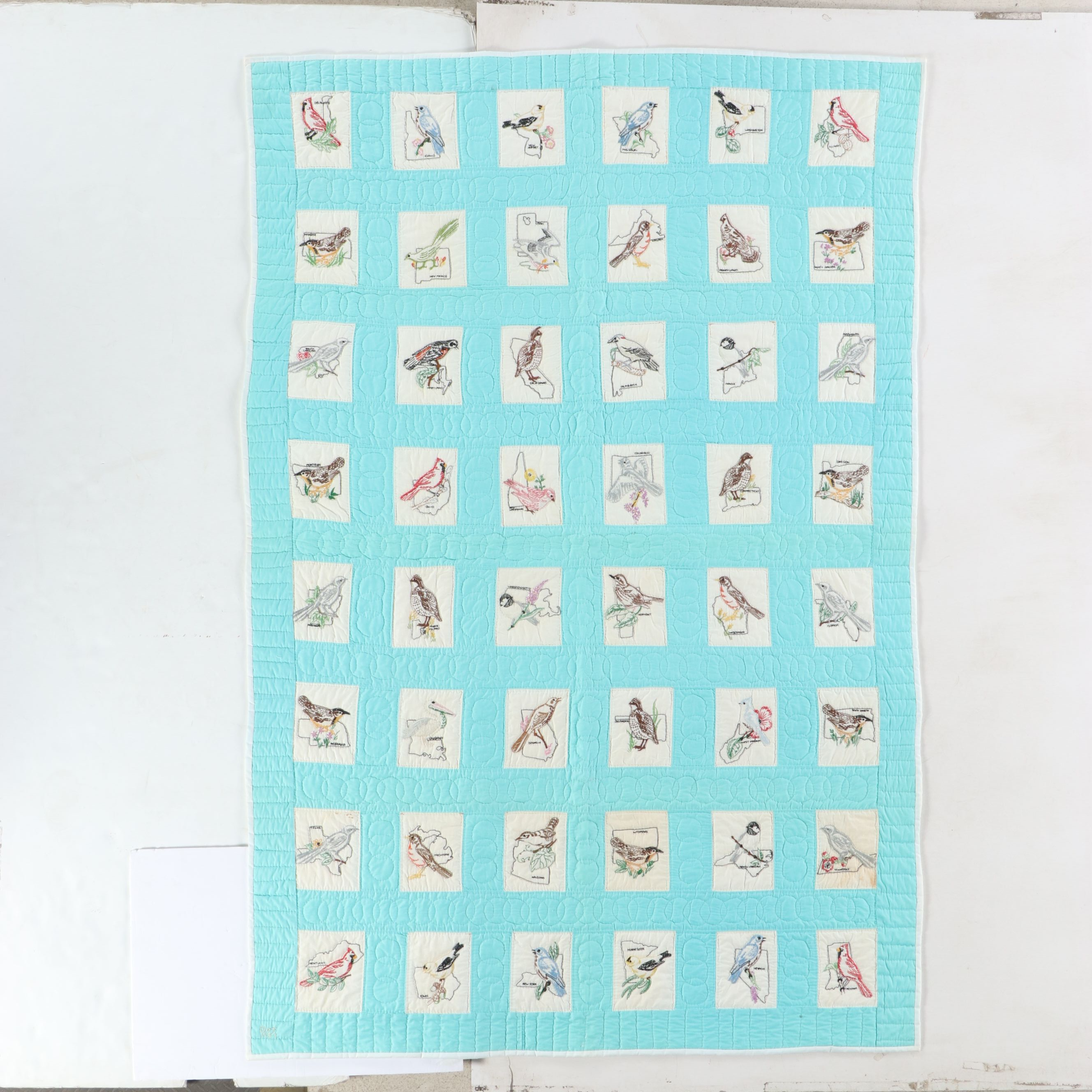 Embroidered State Bird Quilt with Wood Quilt Stand