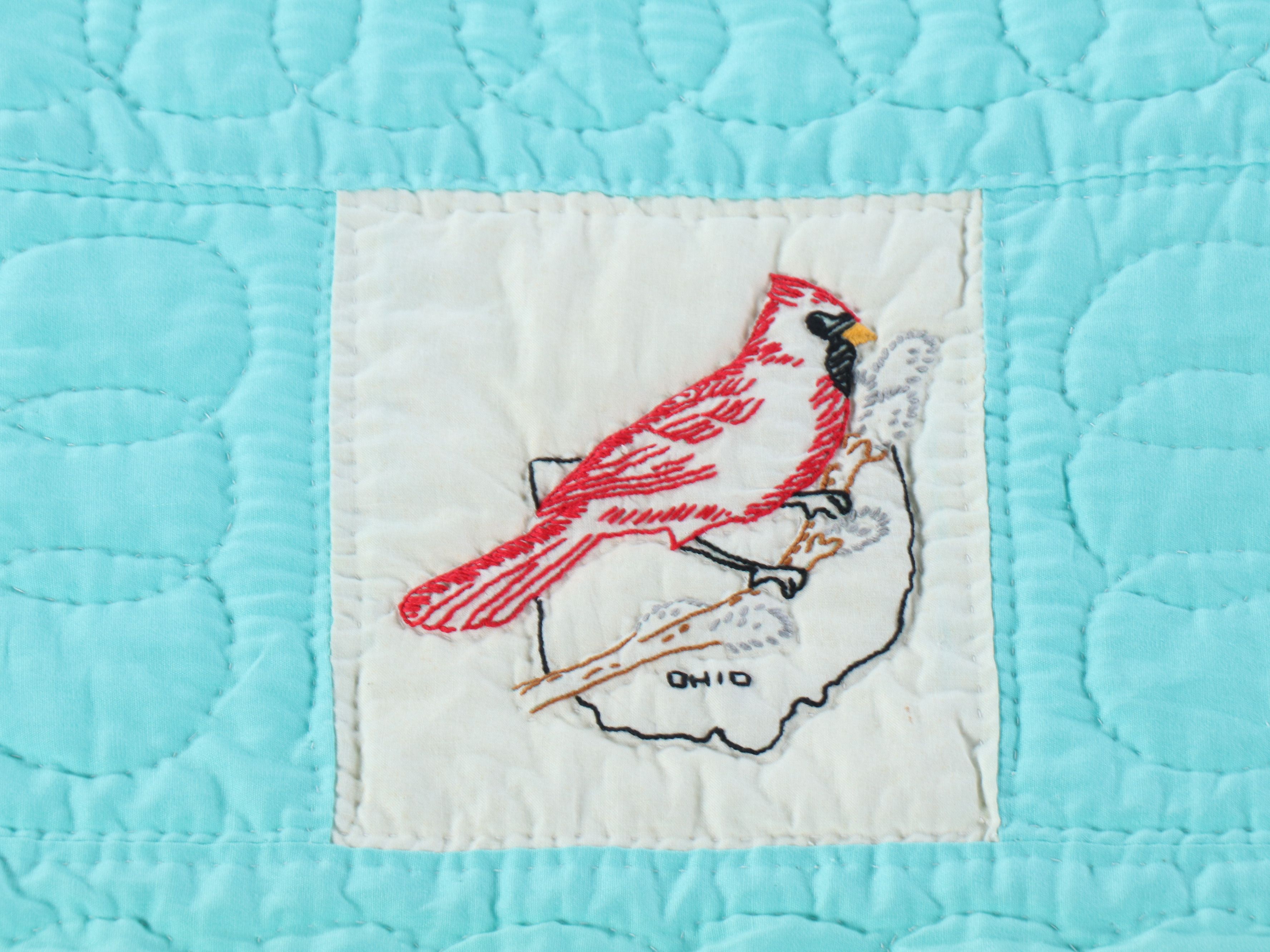 Embroidered State Bird Quilt with Wood Quilt Stand