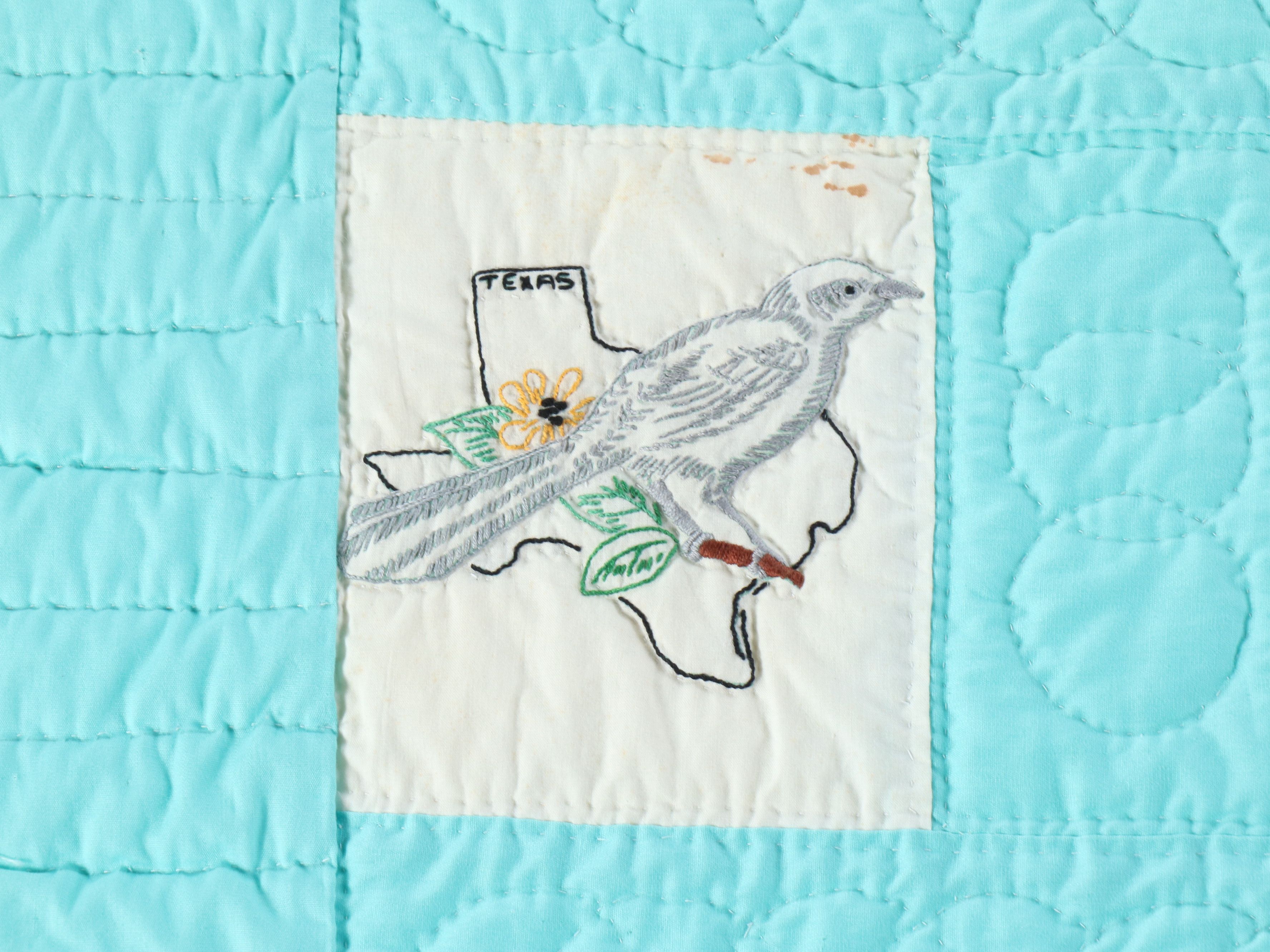 Embroidered State Bird Quilt with Wood Quilt Stand
