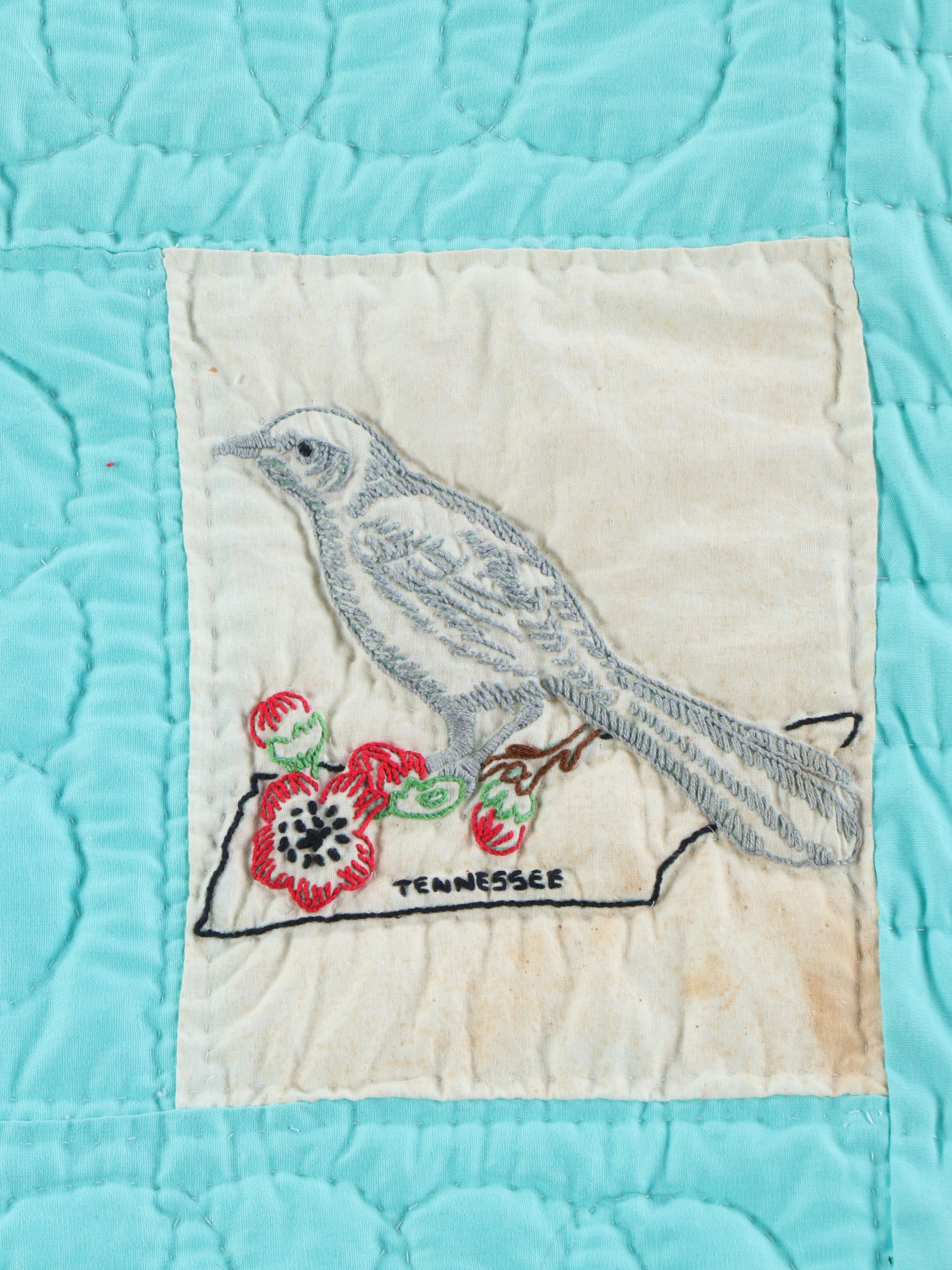 Embroidered State Bird Quilt with Wood Quilt Stand