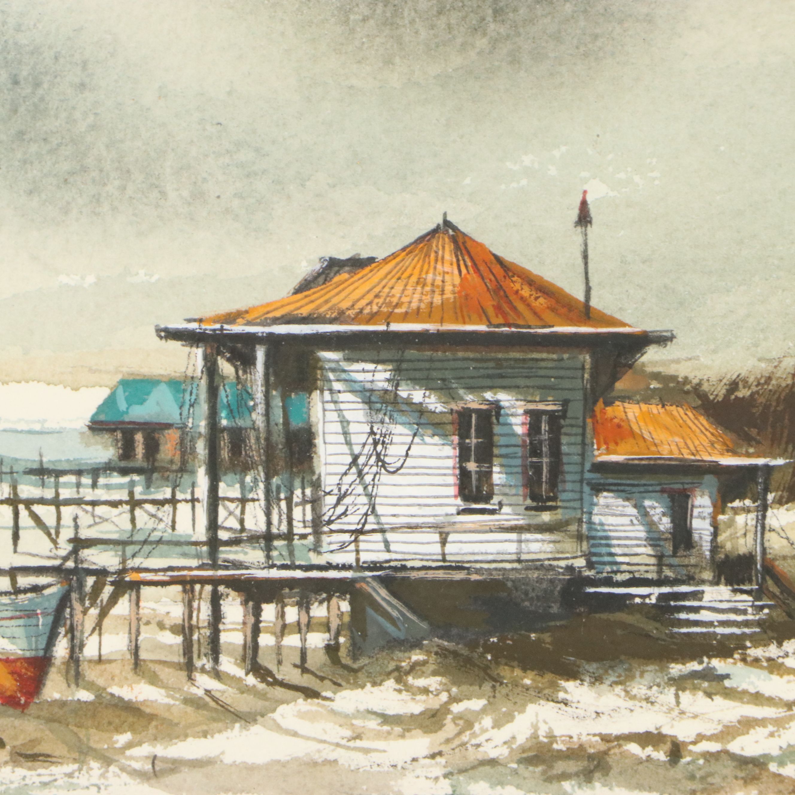 Robert Fabe Watercolor Painting of Coastal Landscape, Mid-20th Century