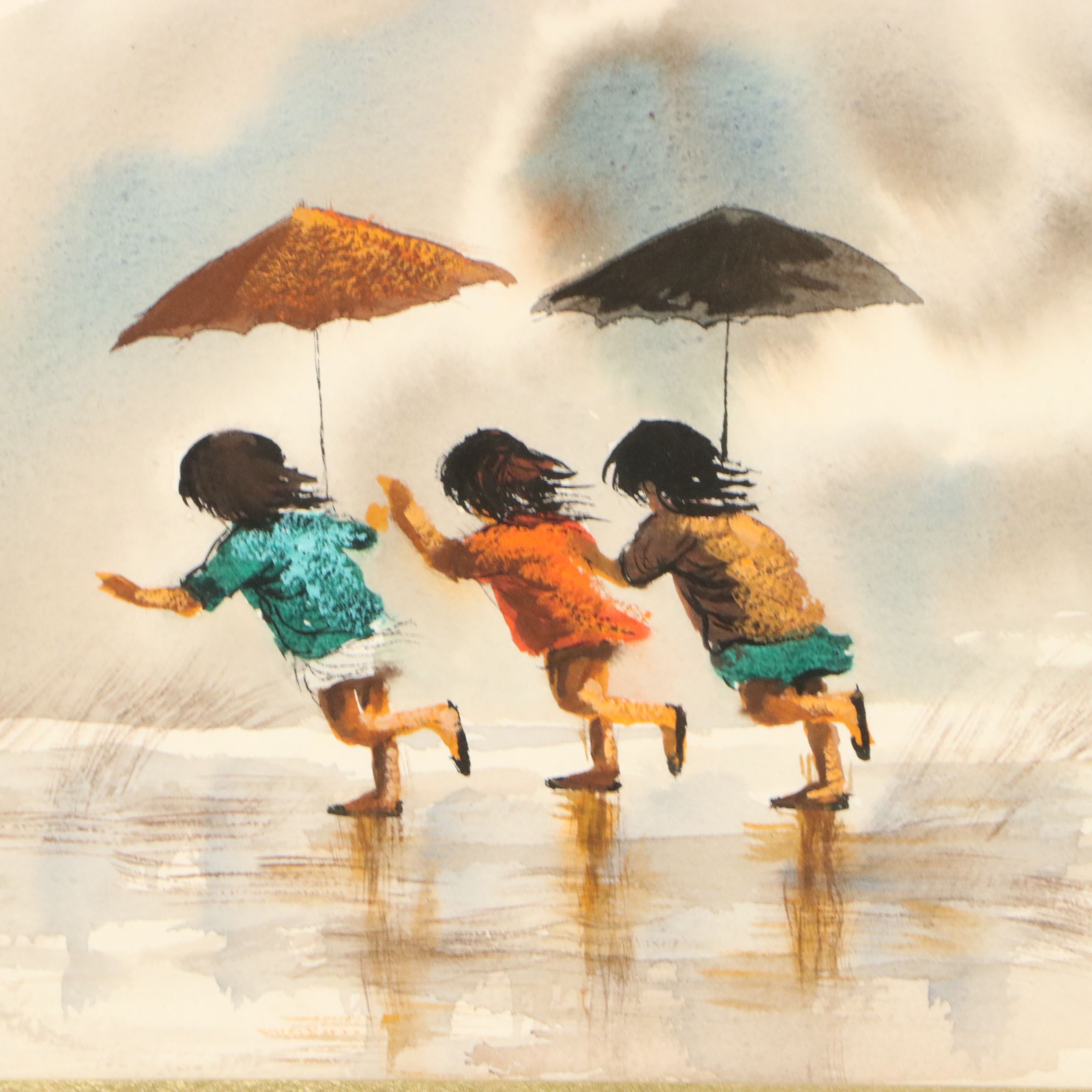 Robert Fabe Watercolor Painting of Rainy Day with Children, Mid-20th Century
