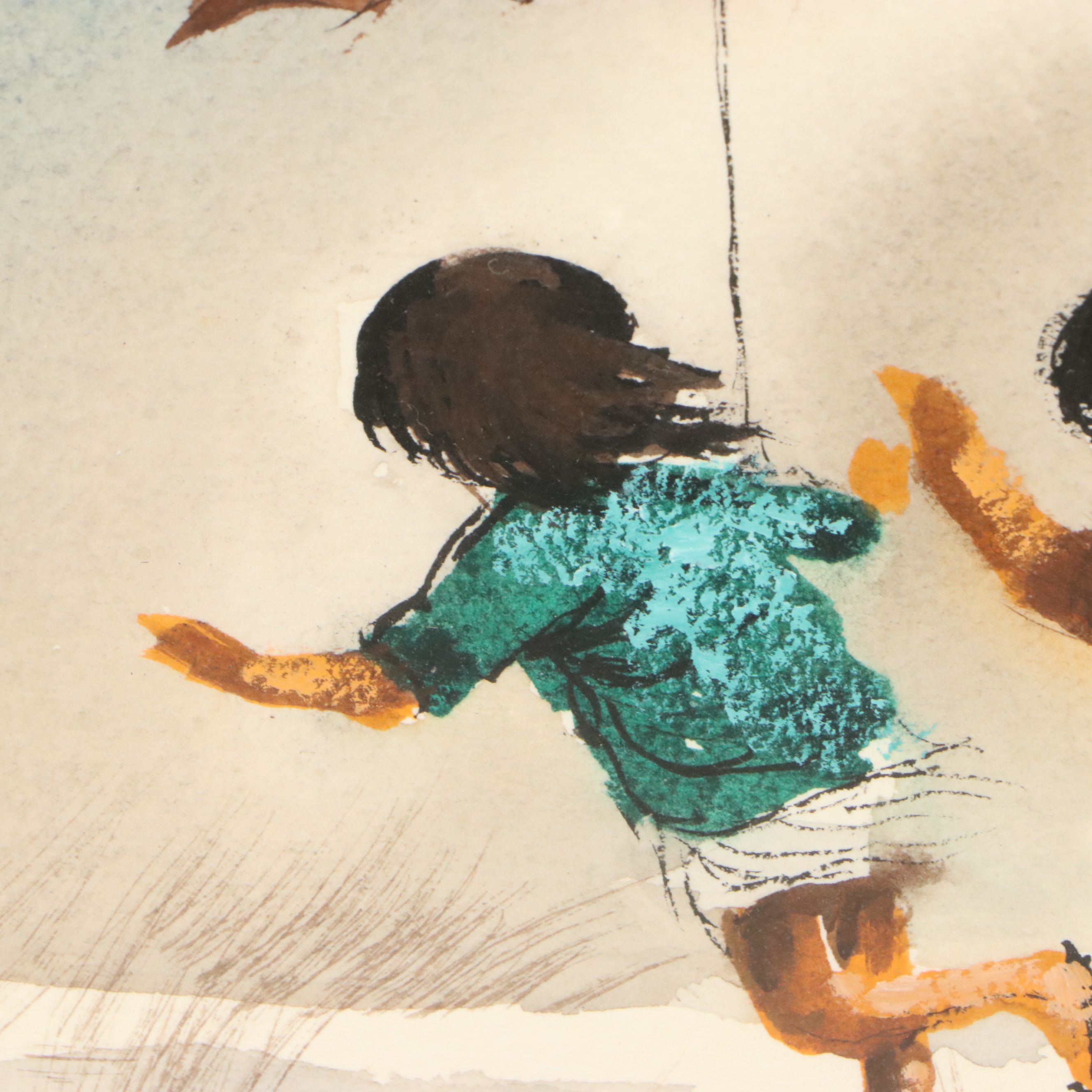 Robert Fabe Watercolor Painting of Rainy Day with Children, Mid-20th Century