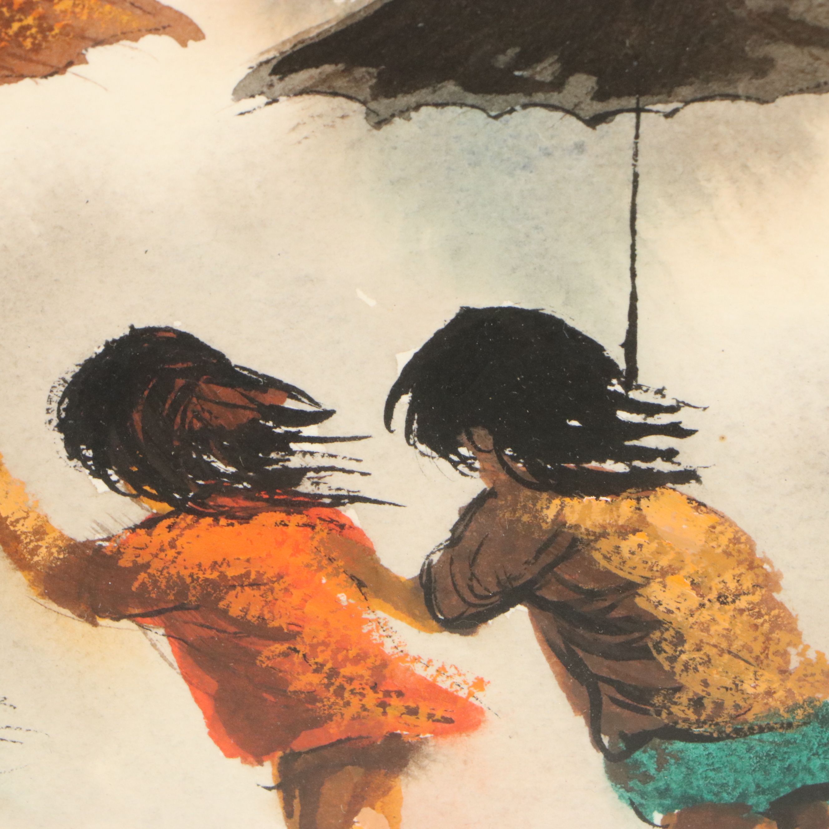 Robert Fabe Watercolor Painting of Rainy Day with Children, Mid-20th Century