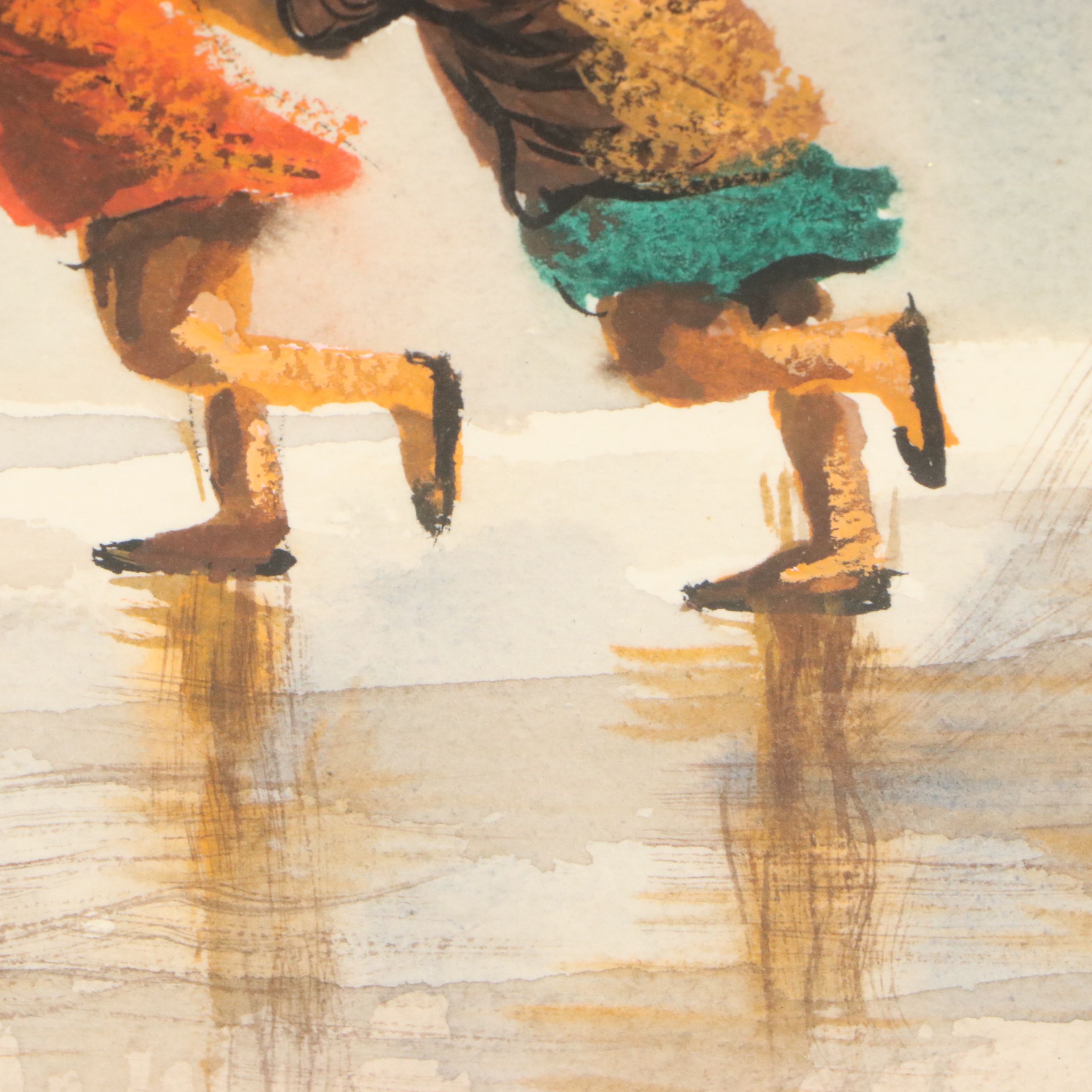 Robert Fabe Watercolor Painting of Rainy Day with Children, Mid-20th Century