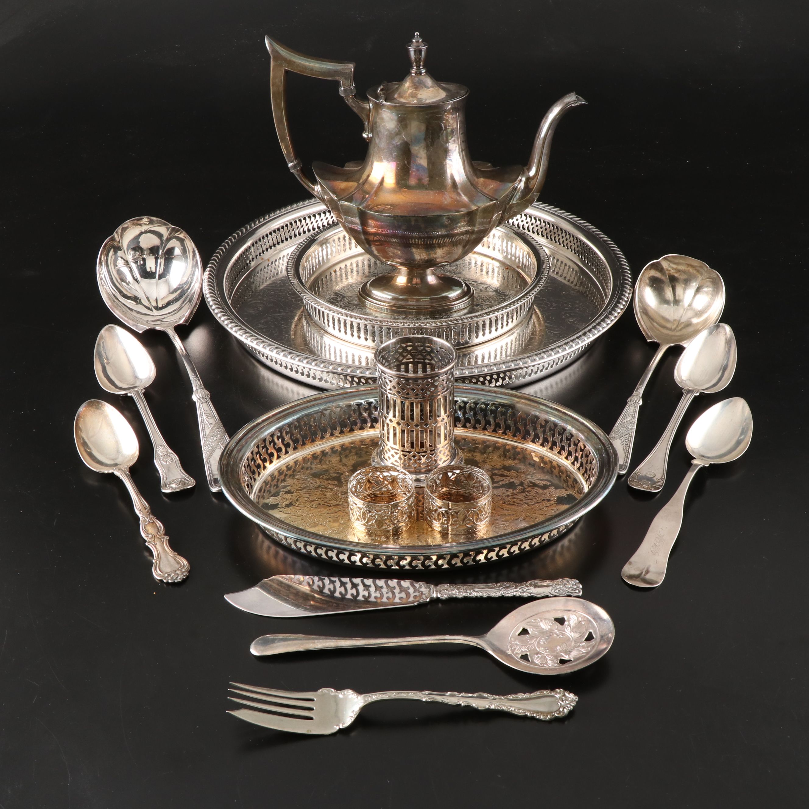 Gorham Coin and Swedish 800 Silver Table Spoons with Silver Plate Serveware