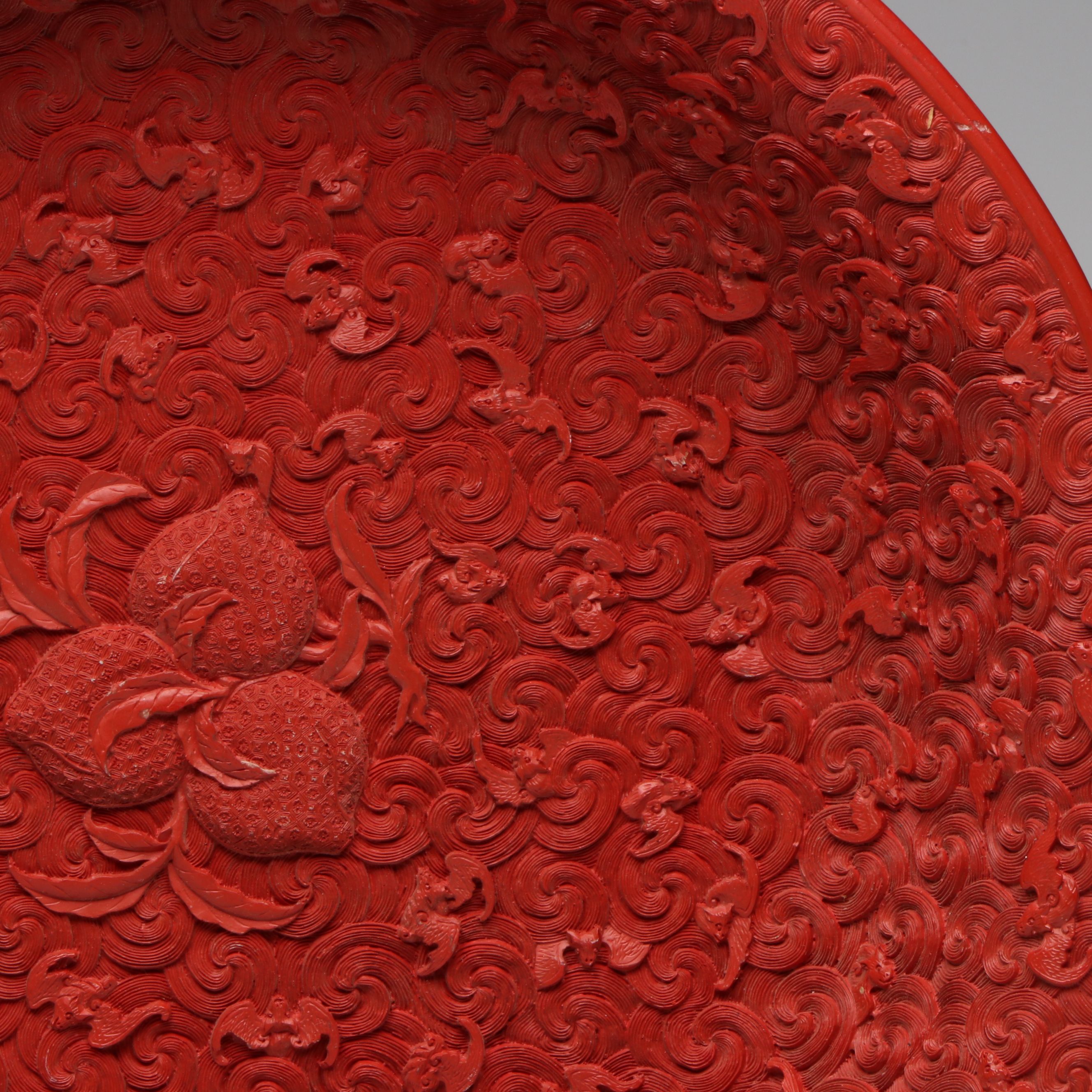 Chinese Cinnabar Style Lacquerware Charger with Wufu Bats and Peaches
