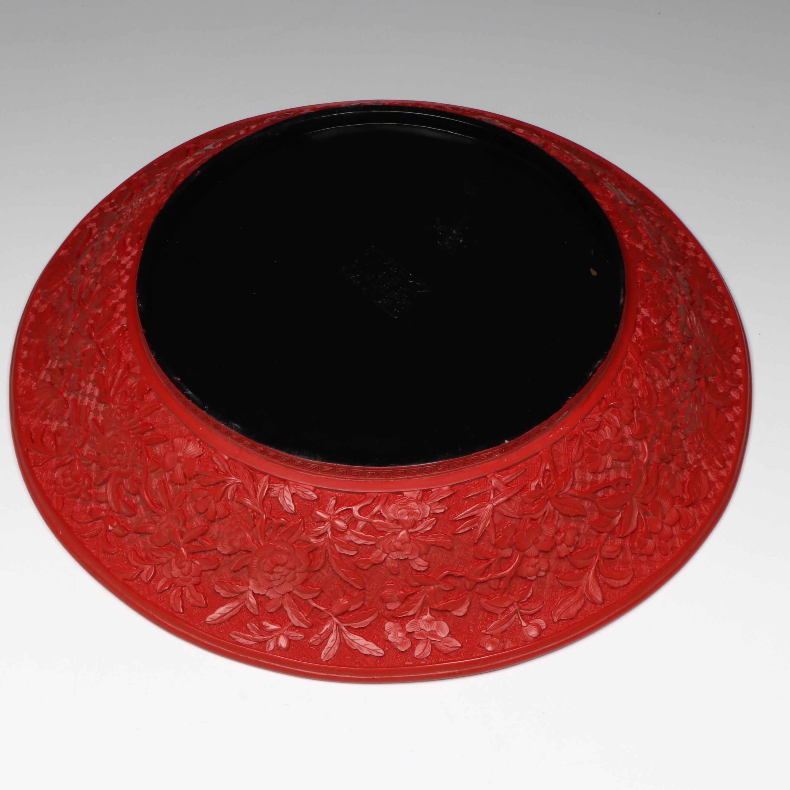 Chinese Cinnabar Style Lacquerware Charger with Wufu Bats and Peaches