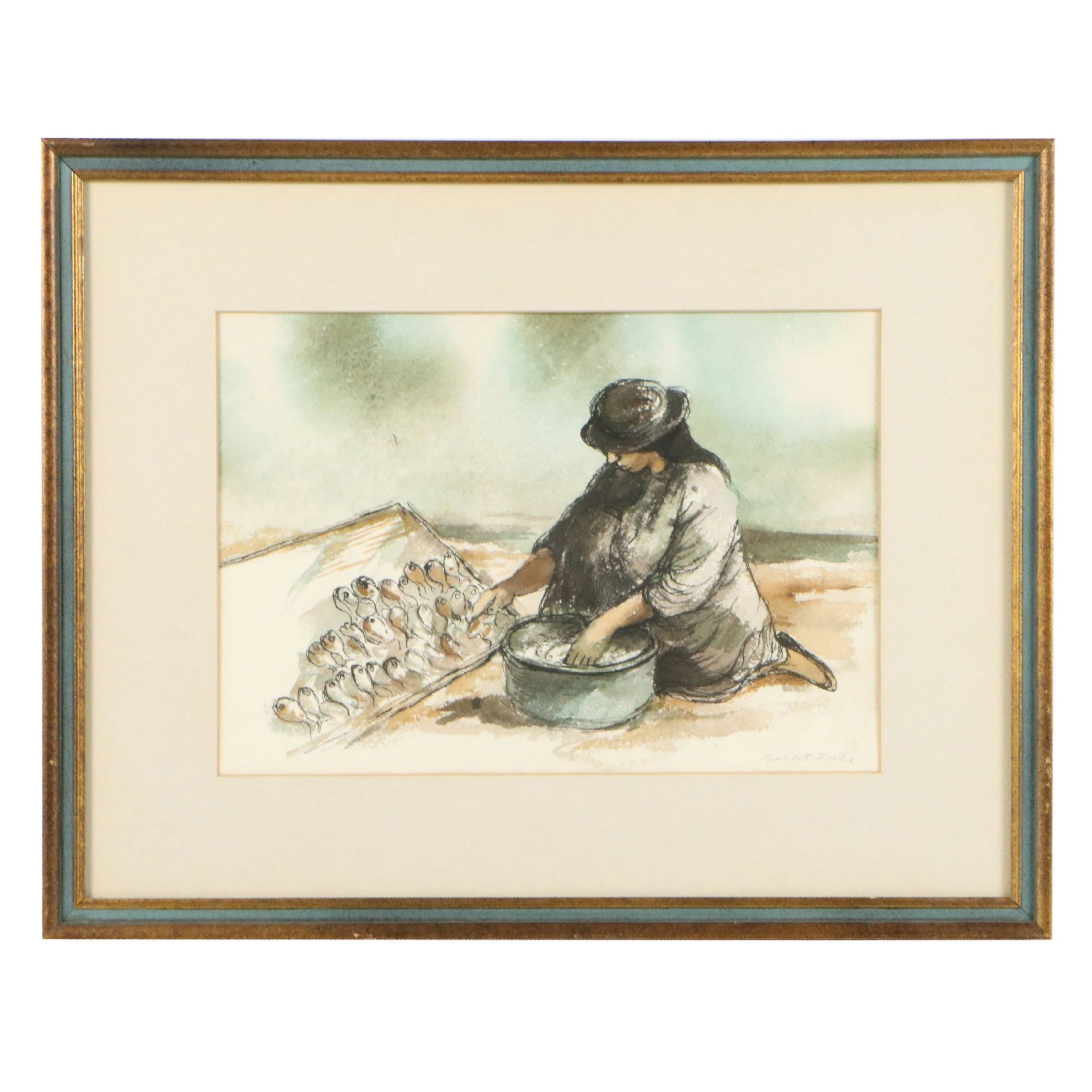 Robert Fabe Watercolor Painting of Fishwife, Mid-20th Century