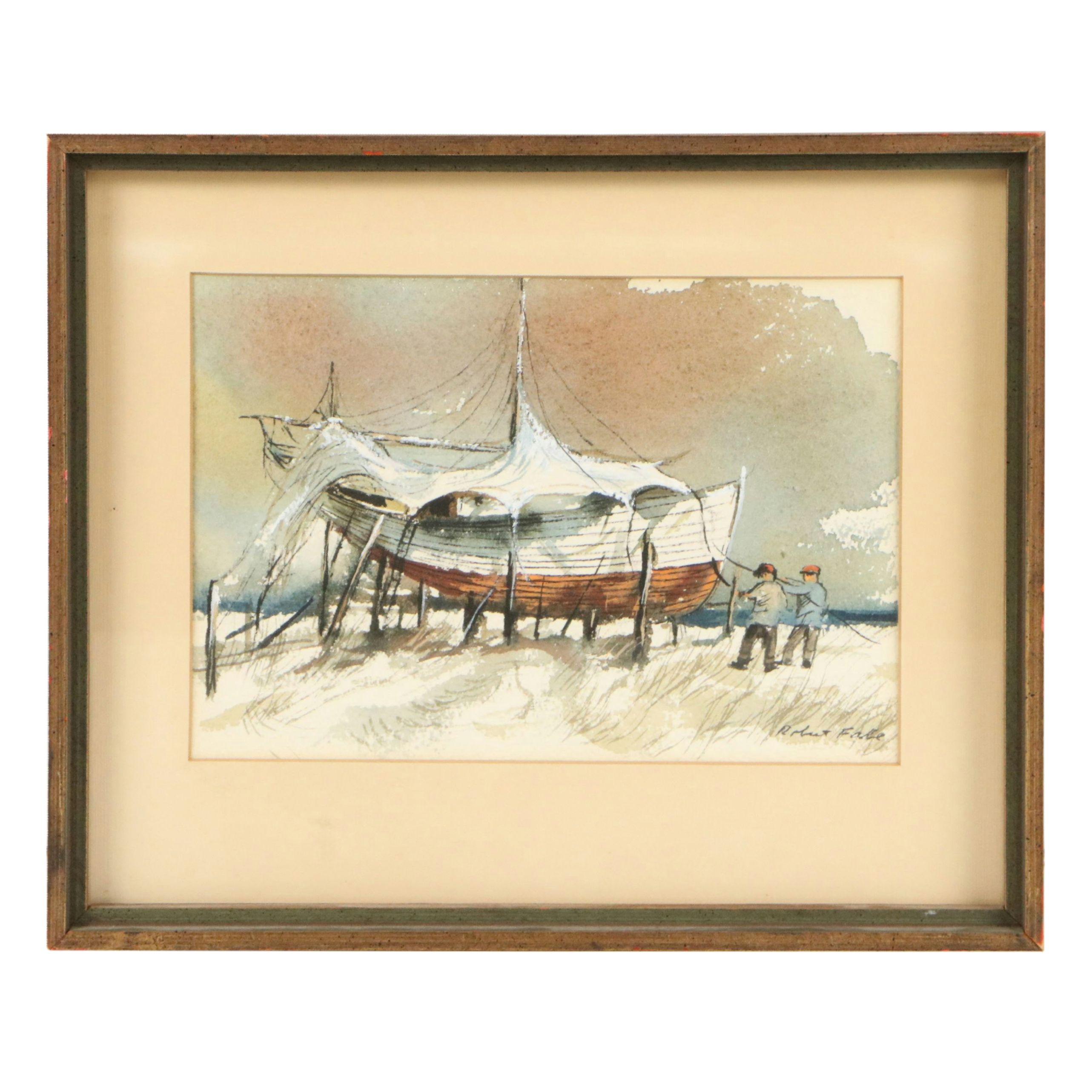 Robert Fabe Nautical Scene Watercolor Painting, Mid-20th Century