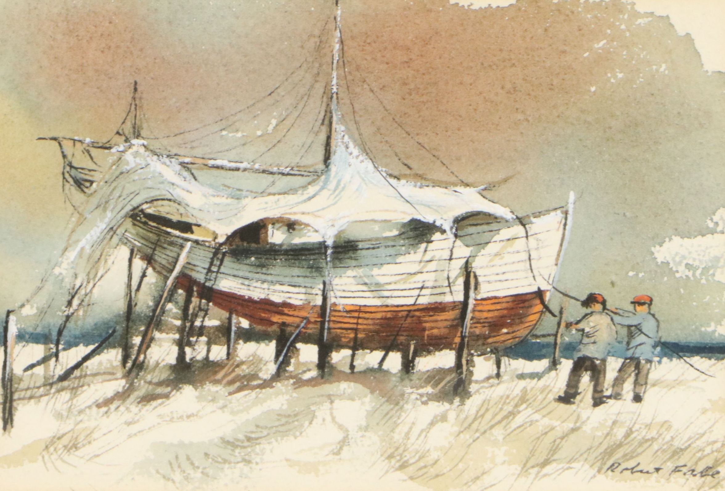 Robert Fabe Nautical Scene Watercolor Painting, Mid-20th Century