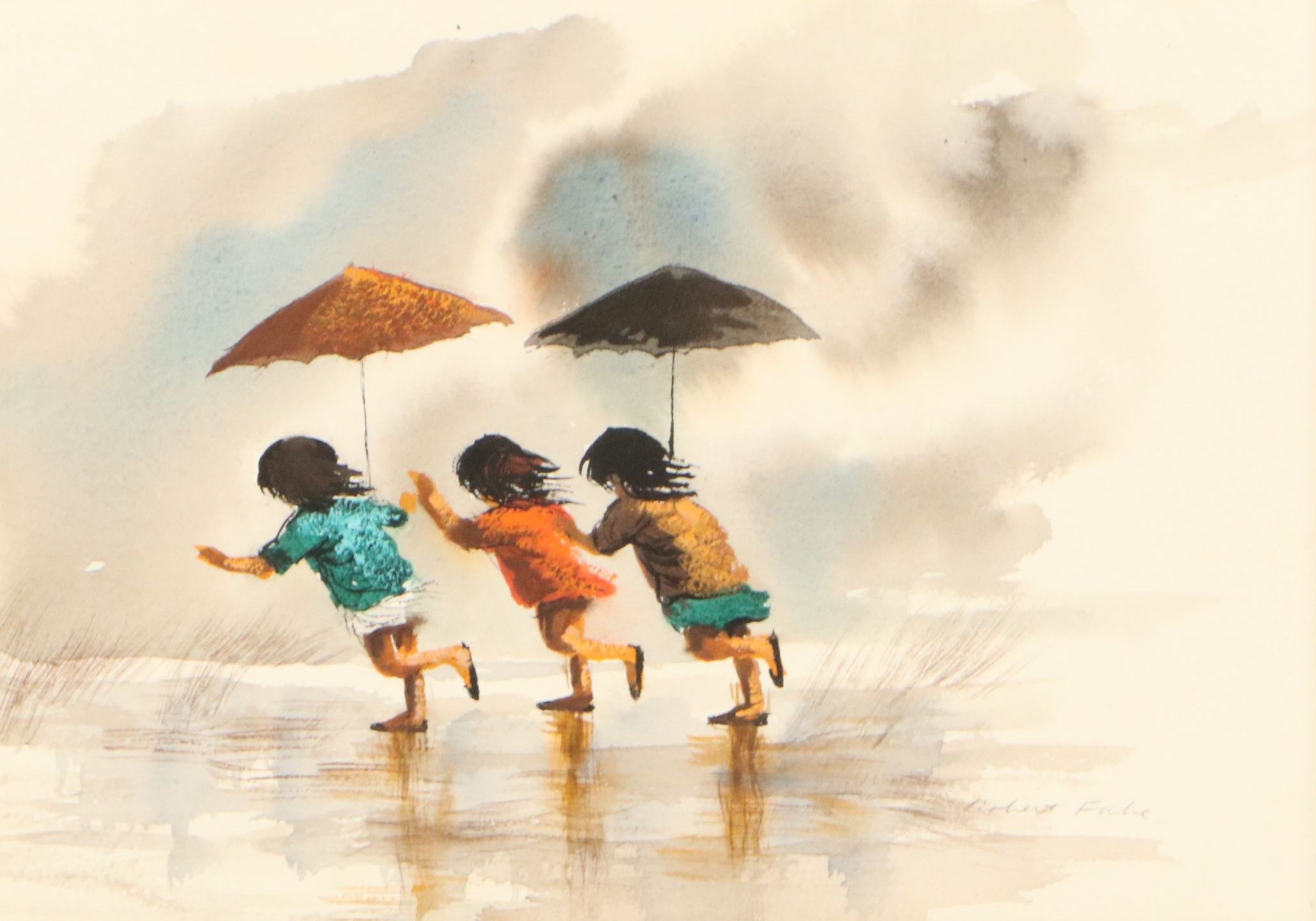 Robert Fabe Watercolor Painting of Rainy Day with Children, Mid-20th Century