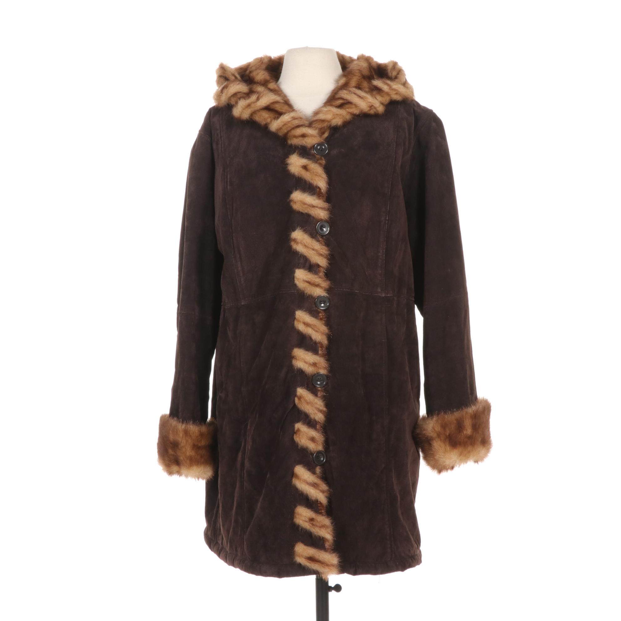 Dennis Basso Brown Suede and Faux Fur Hooded Coat
