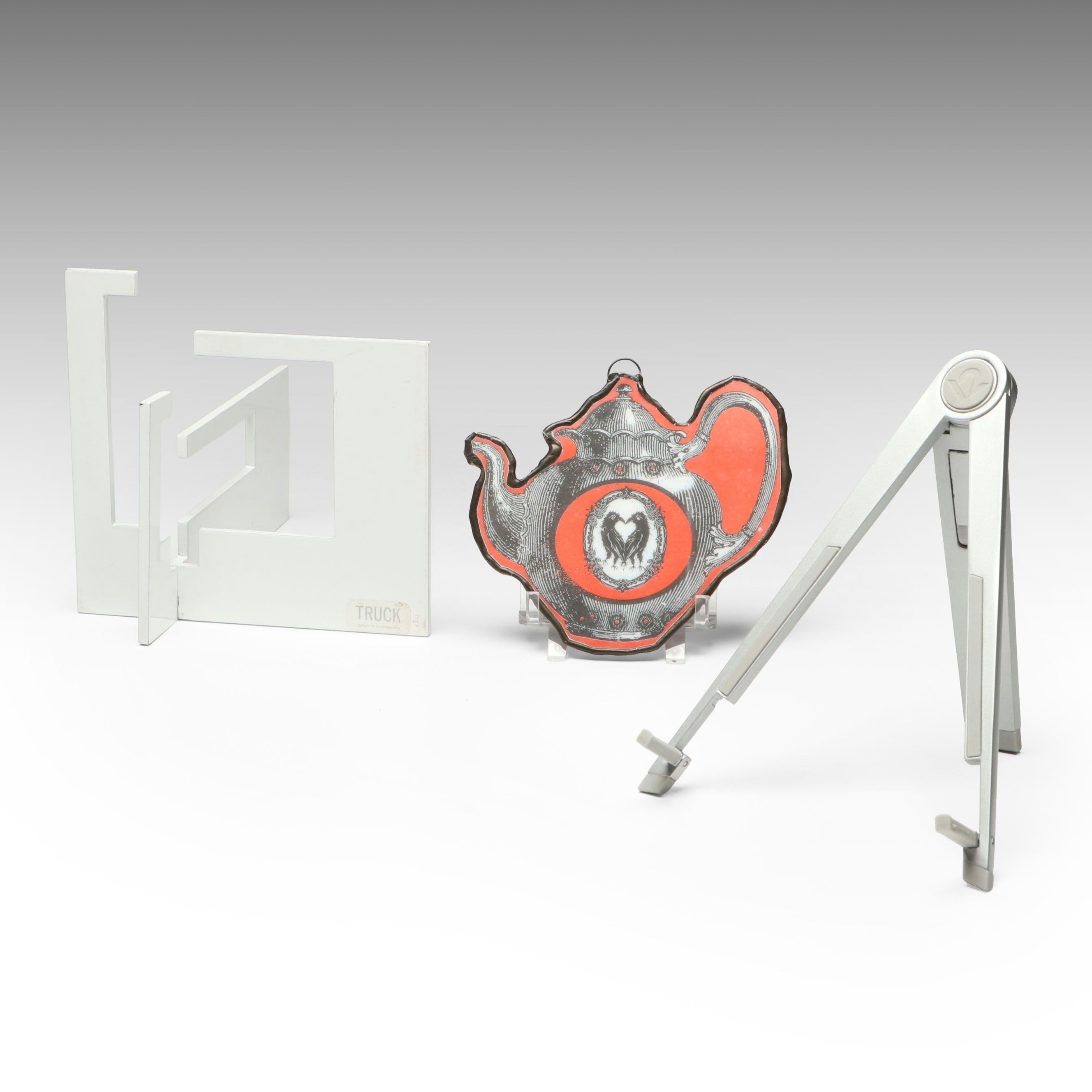 Illustrative Art Glass Teapot Hanging with Compass Metal Desk Stand, Other Décor