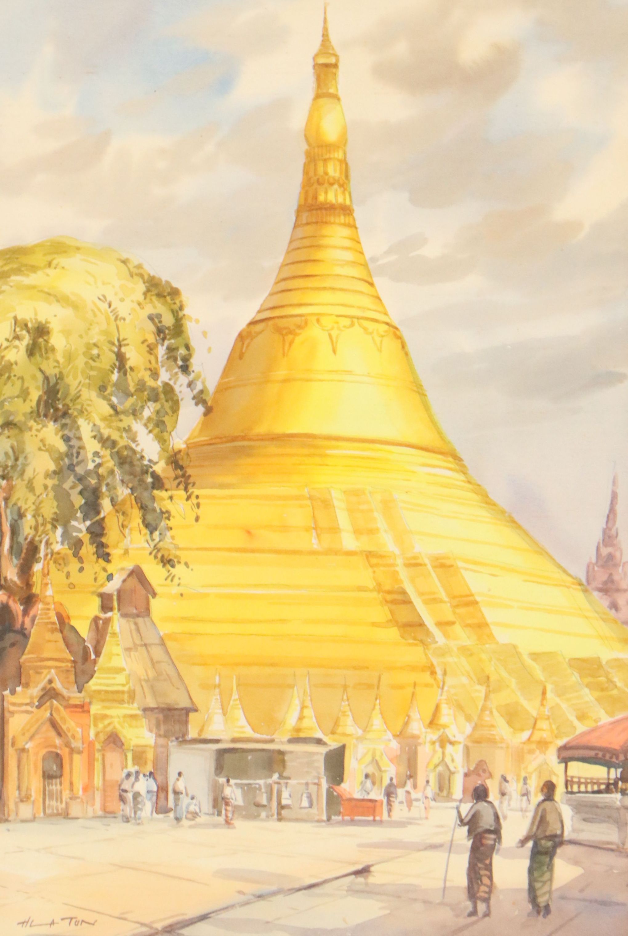 Hla Tun Watercolor Painting of the Shwedagon Pagoda in Myanmar, 20th Century