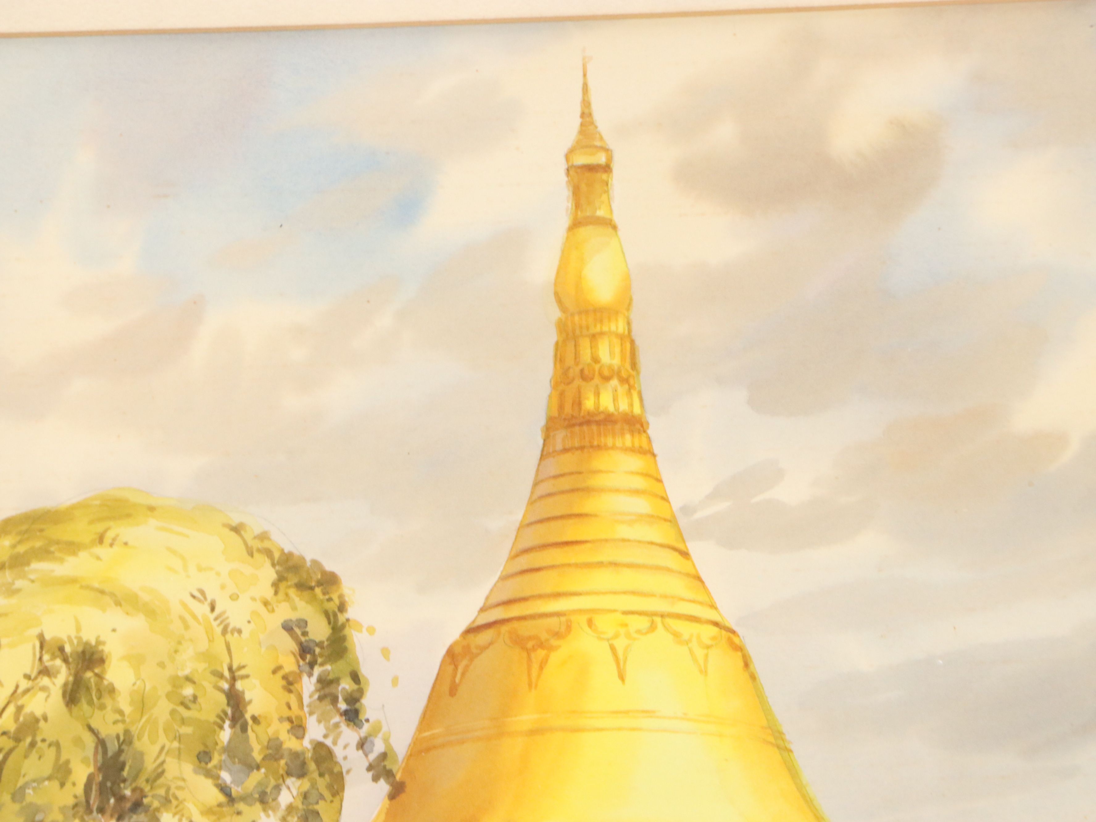 Hla Tun Watercolor Painting of the Shwedagon Pagoda in Myanmar, 20th Century