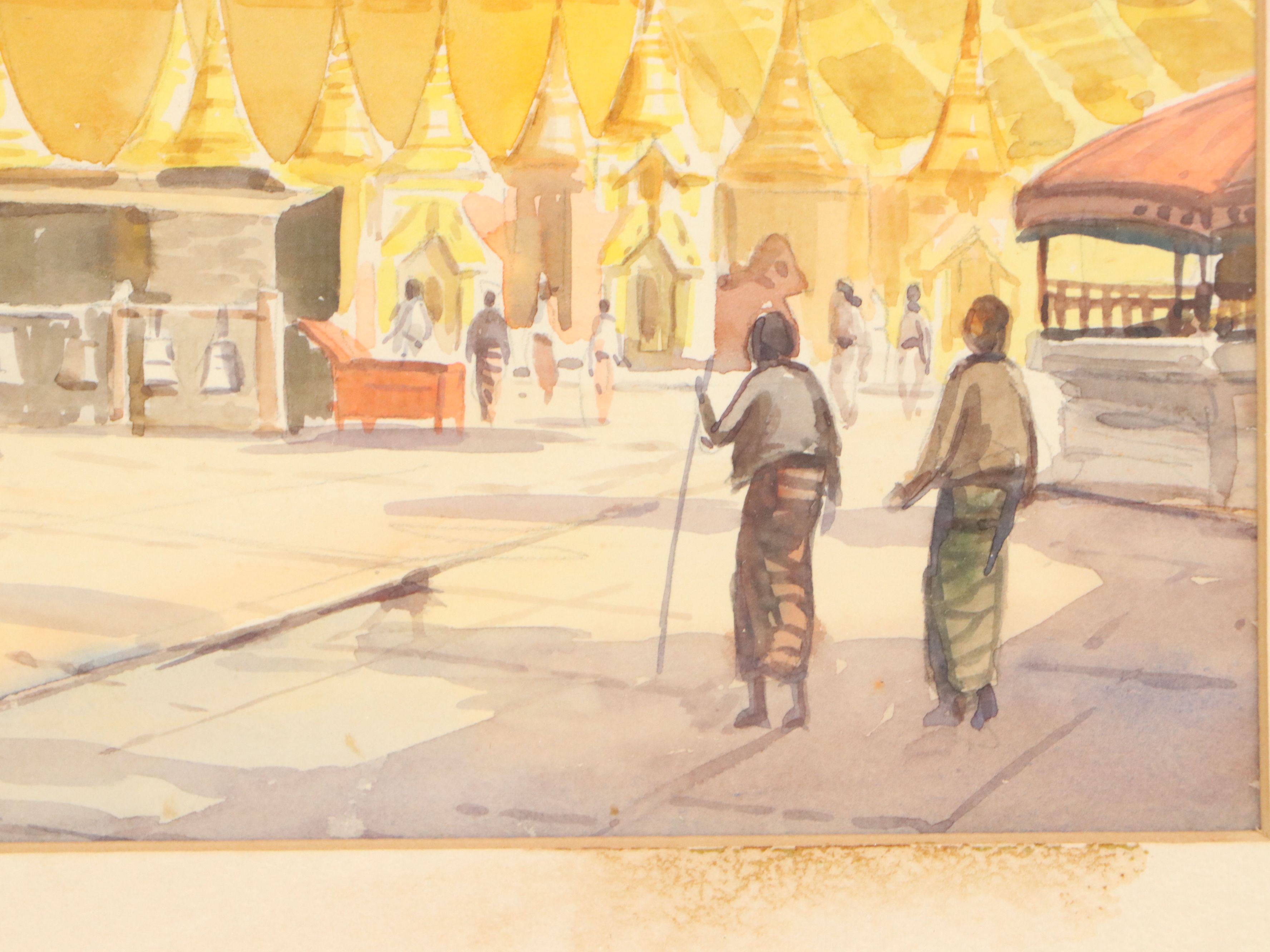 Hla Tun Watercolor Painting of the Shwedagon Pagoda in Myanmar, 20th Century