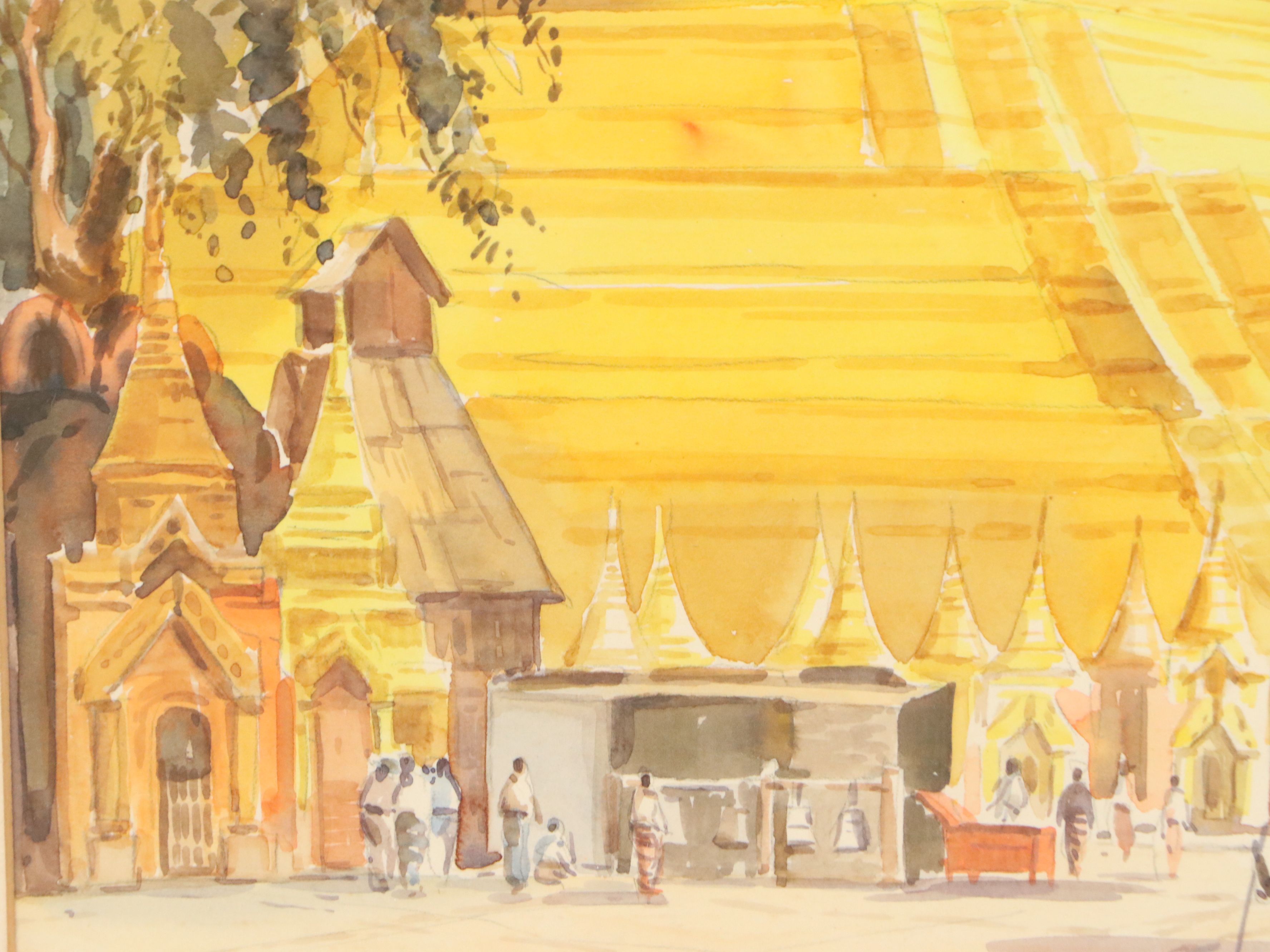 Hla Tun Watercolor Painting of the Shwedagon Pagoda in Myanmar, 20th Century