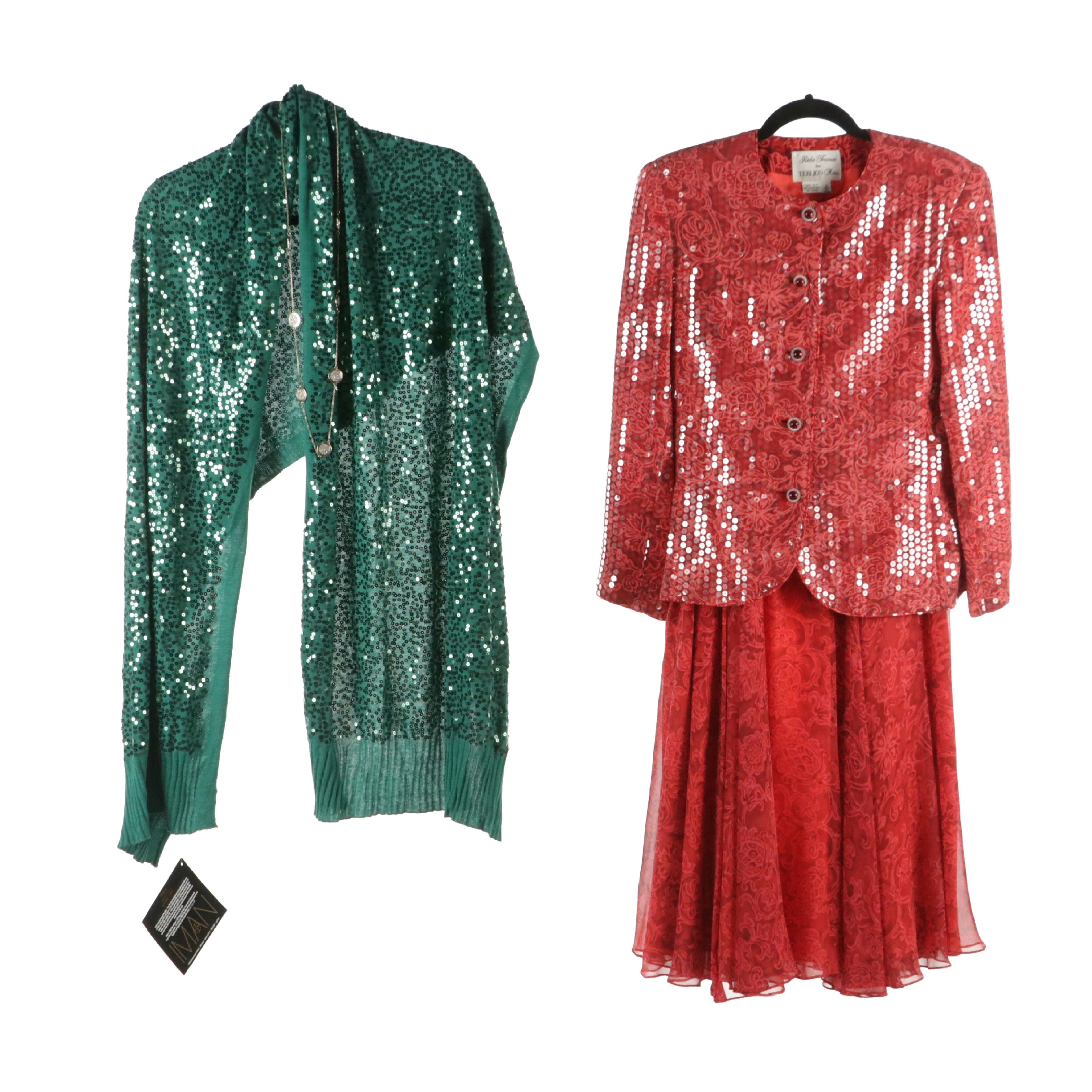 Rickie Freeman for Teri Jon Embellished Jacket/Skirt Set, Iman Sequined Scarf