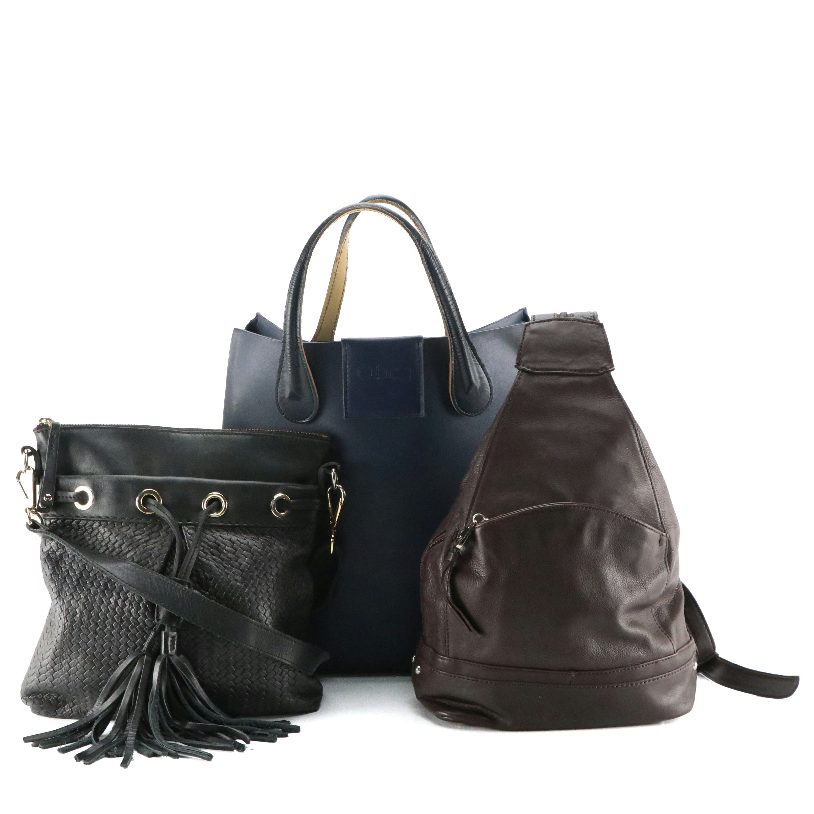 Perlina Brown Leather Sling Bag, Obag Rubber Top Handle Tote, Roots Crossbody