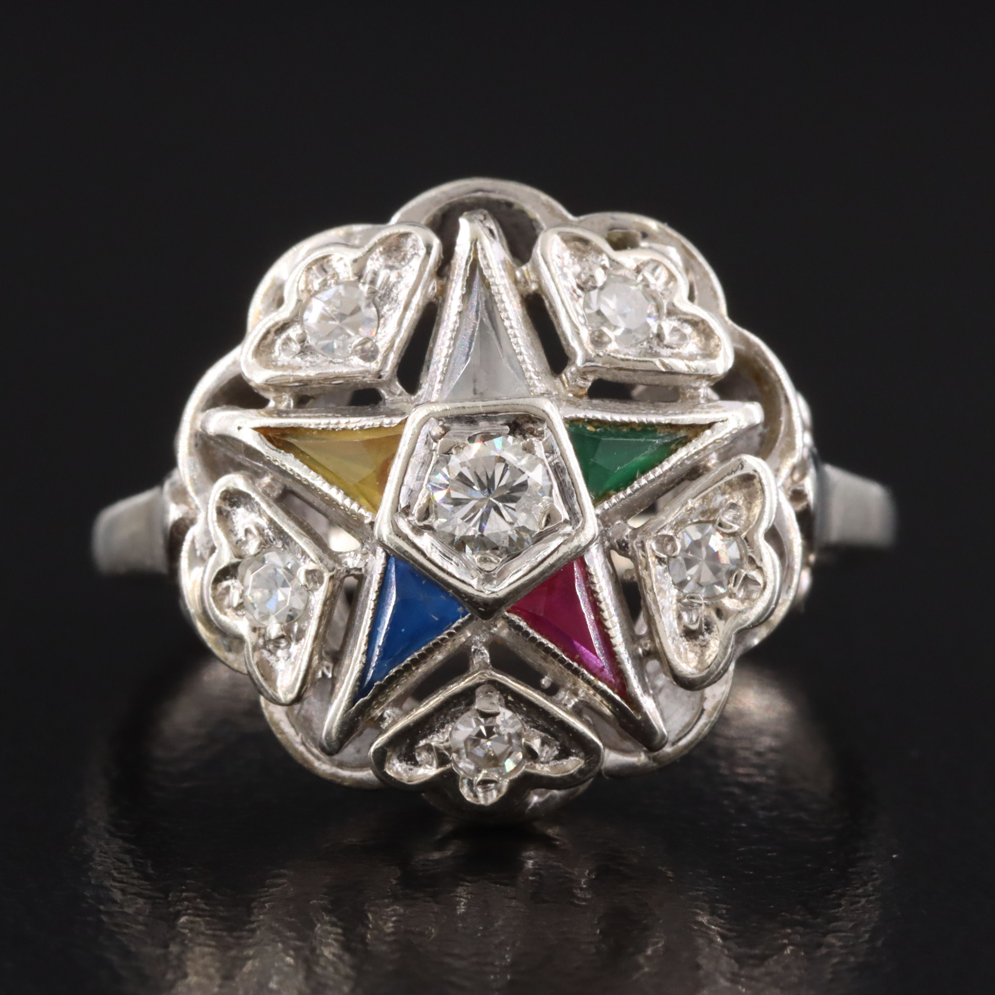 Masonic 10K Diamond, Sapphire and Spinel Order of the Eastern Star Ring