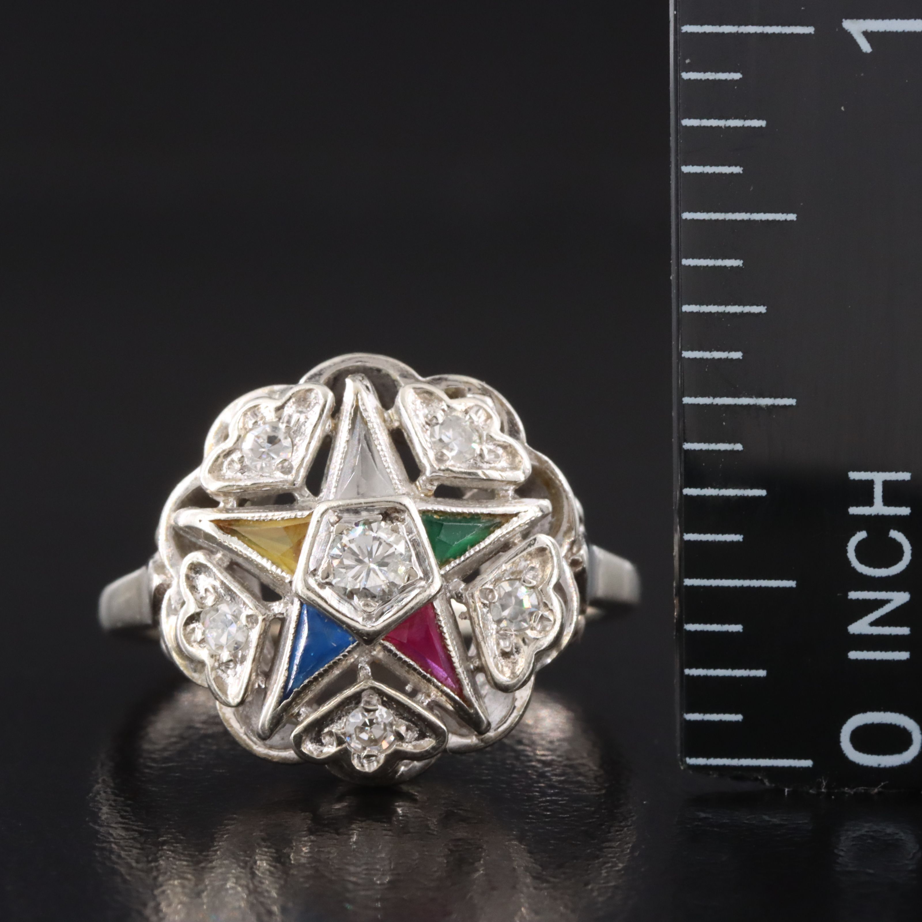 Masonic 10K Diamond, Sapphire and Spinel Order of the Eastern Star Ring