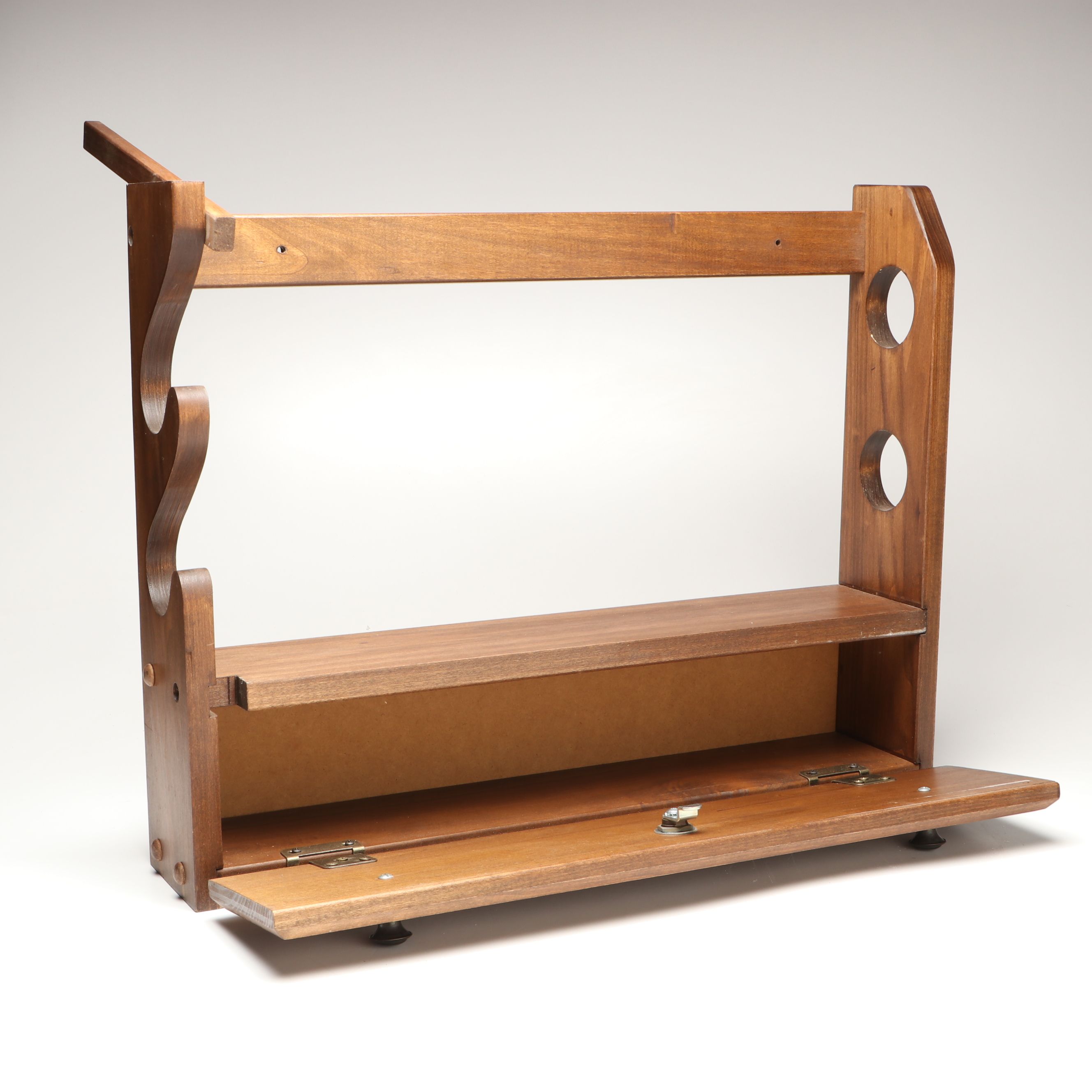 Wooden Wall Mount Gun Rack with Locking Rod Mechanism and Compartment