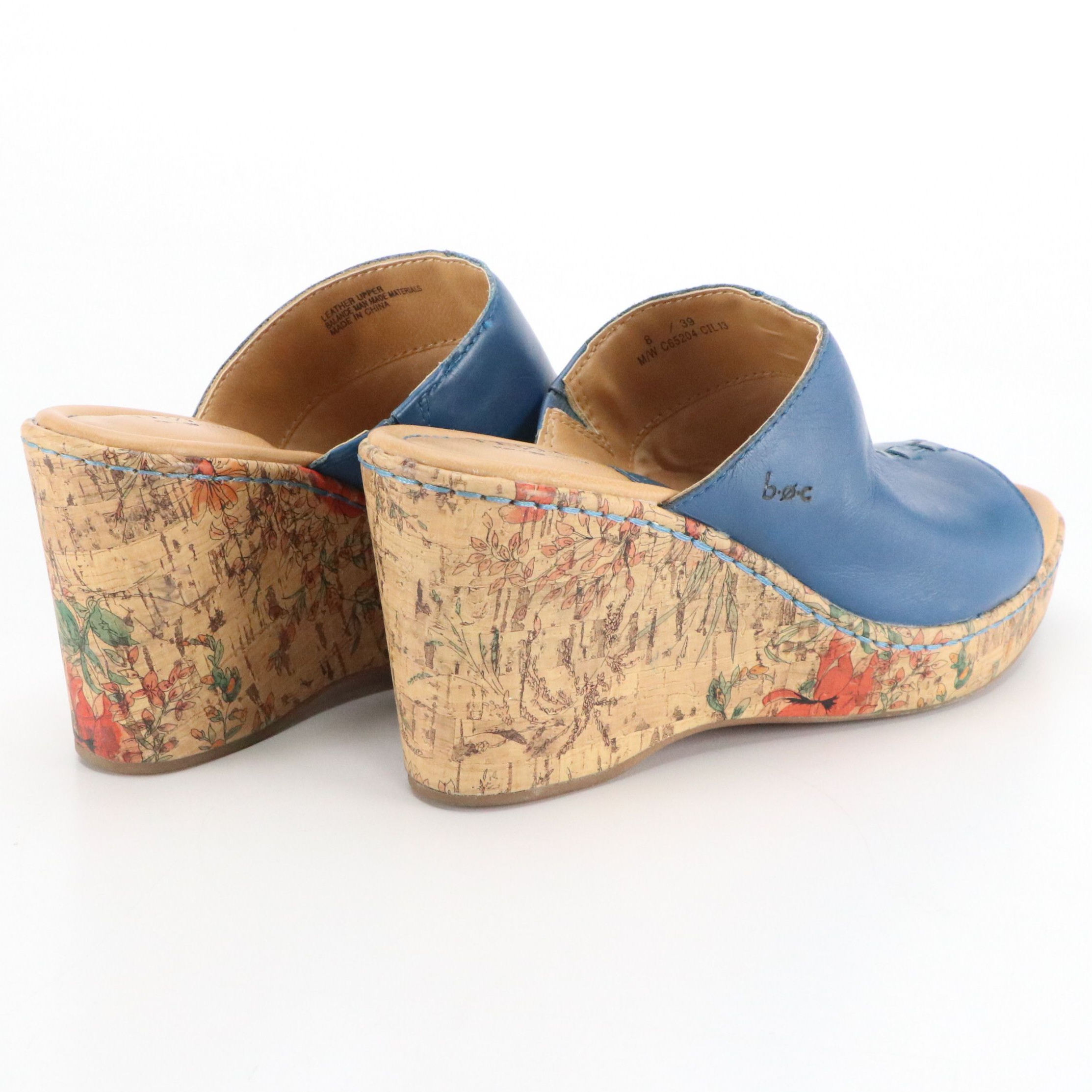 Børn Concepts "Starlet" Floral Printed Cork Wedges in Blue Leather, With Box