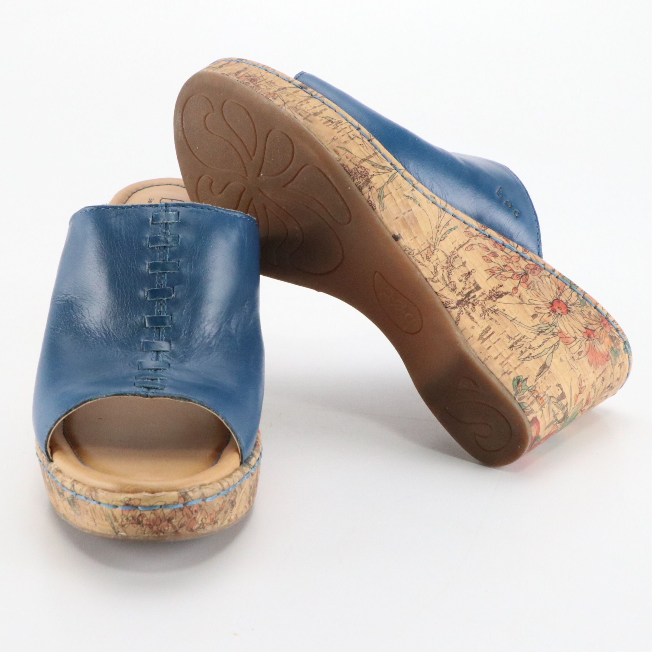 Børn Concepts "Starlet" Floral Printed Cork Wedges in Blue Leather, With Box