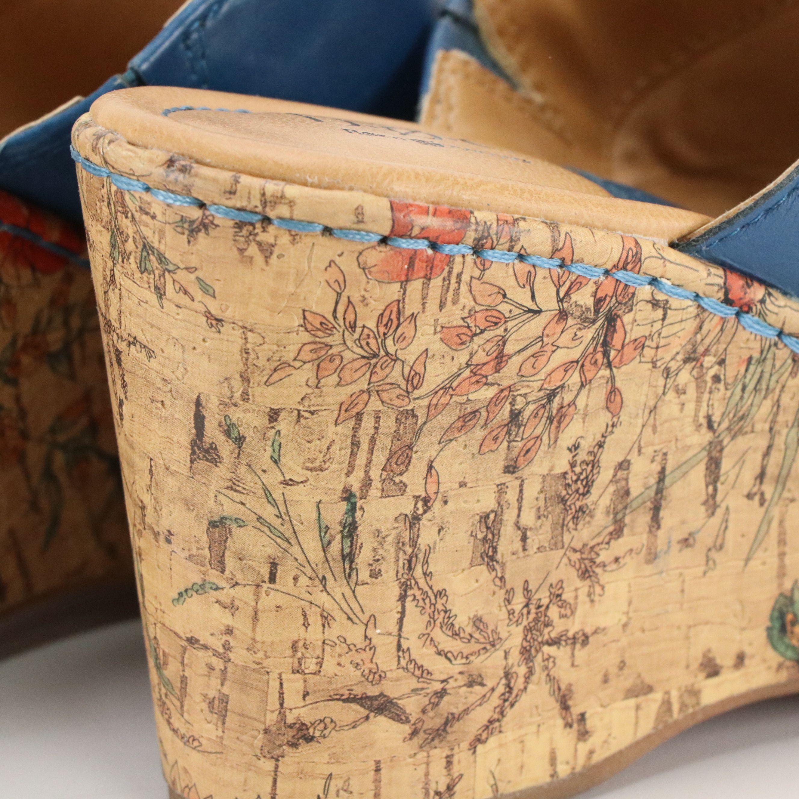 Børn Concepts "Starlet" Floral Printed Cork Wedges in Blue Leather, With Box