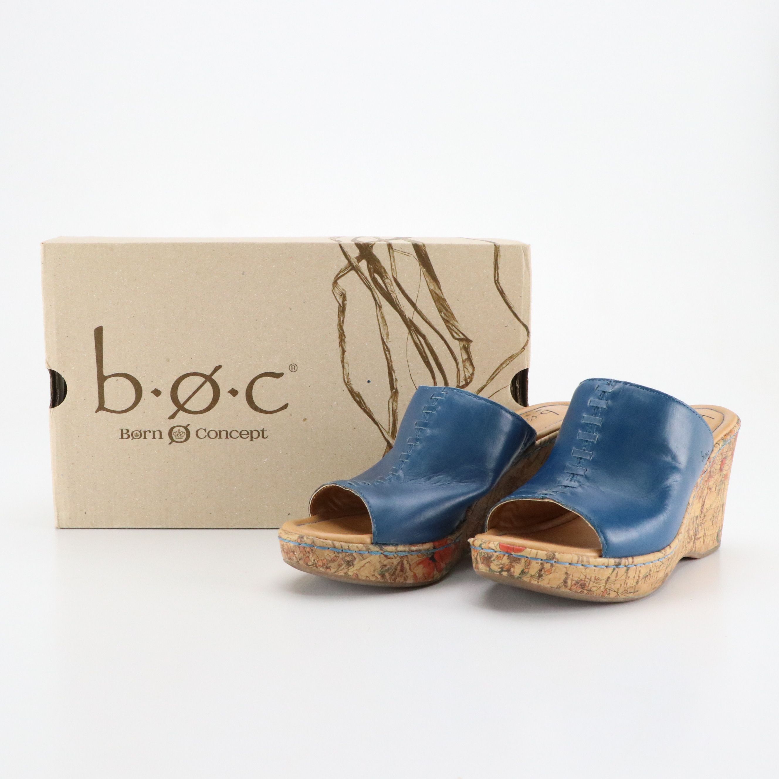 Børn Concepts "Starlet" Floral Printed Cork Wedges in Blue Leather, With Box