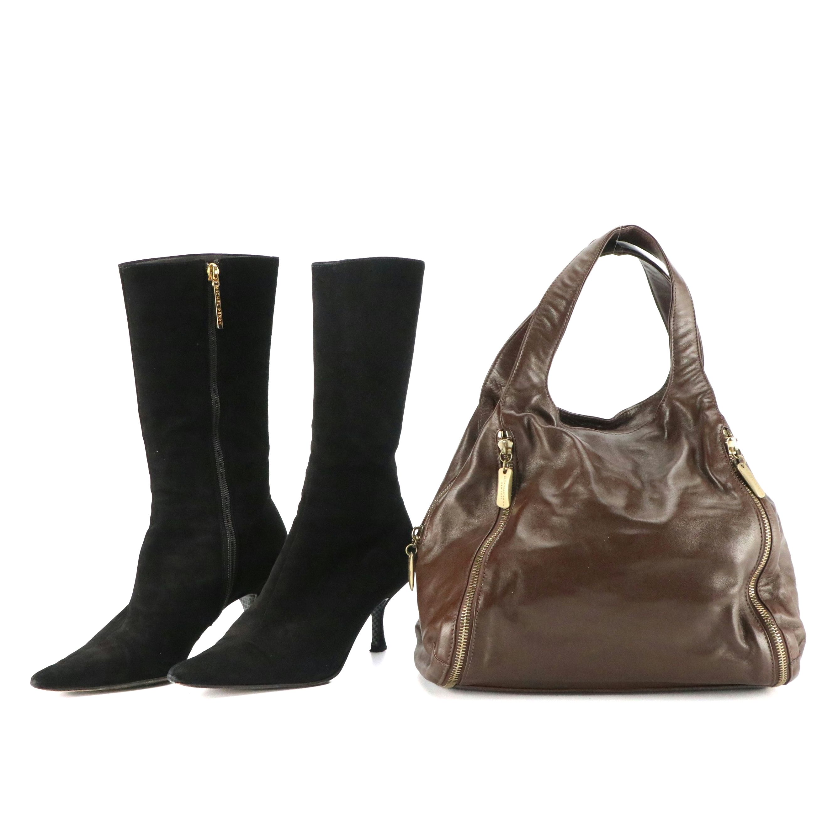 Michael Perry Suede Pointed Toe Boots, Donna Karan Leather Zipper Handbag