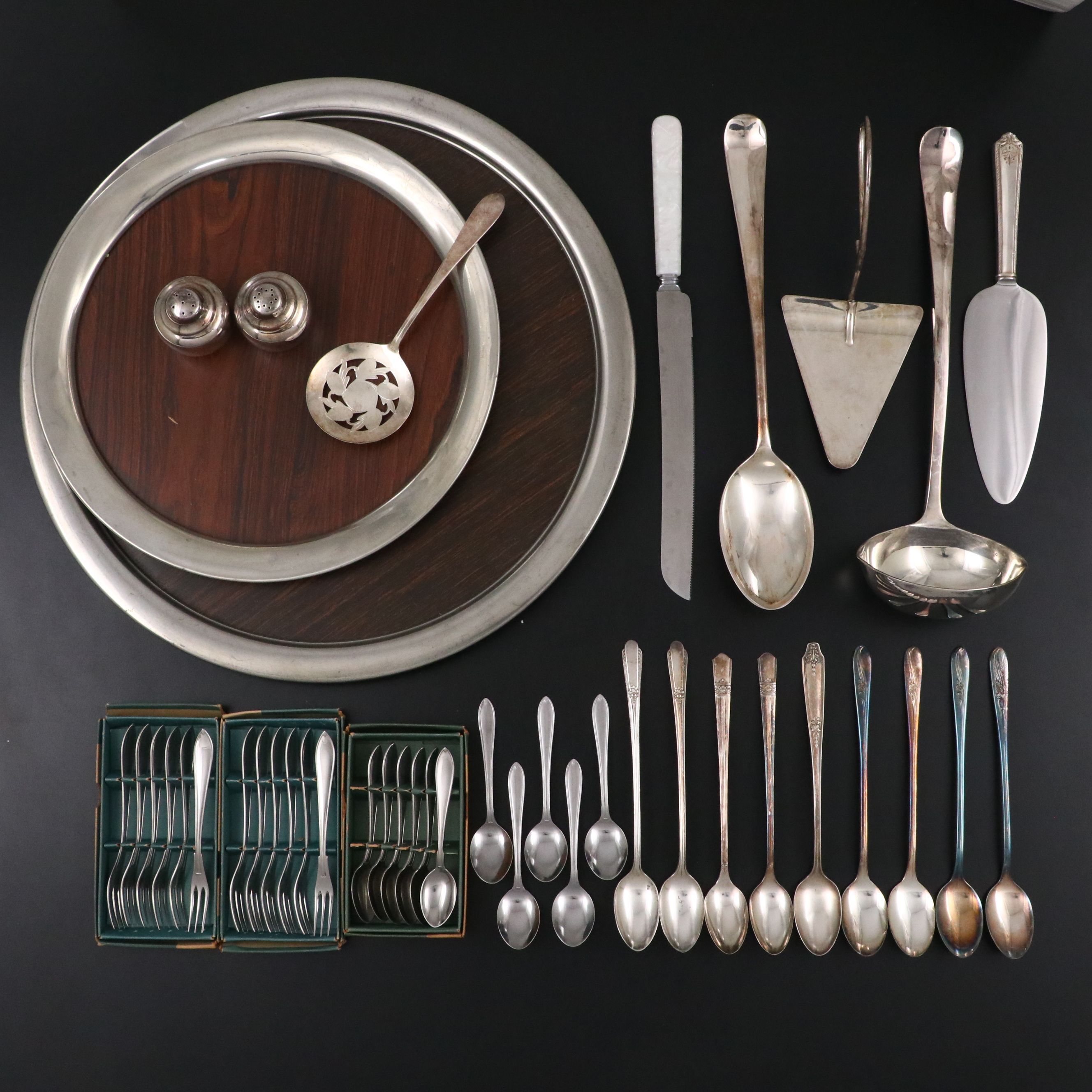 Royal Holland Daalderop and Other Pewter Rim Tray with Silver Plate Utensils