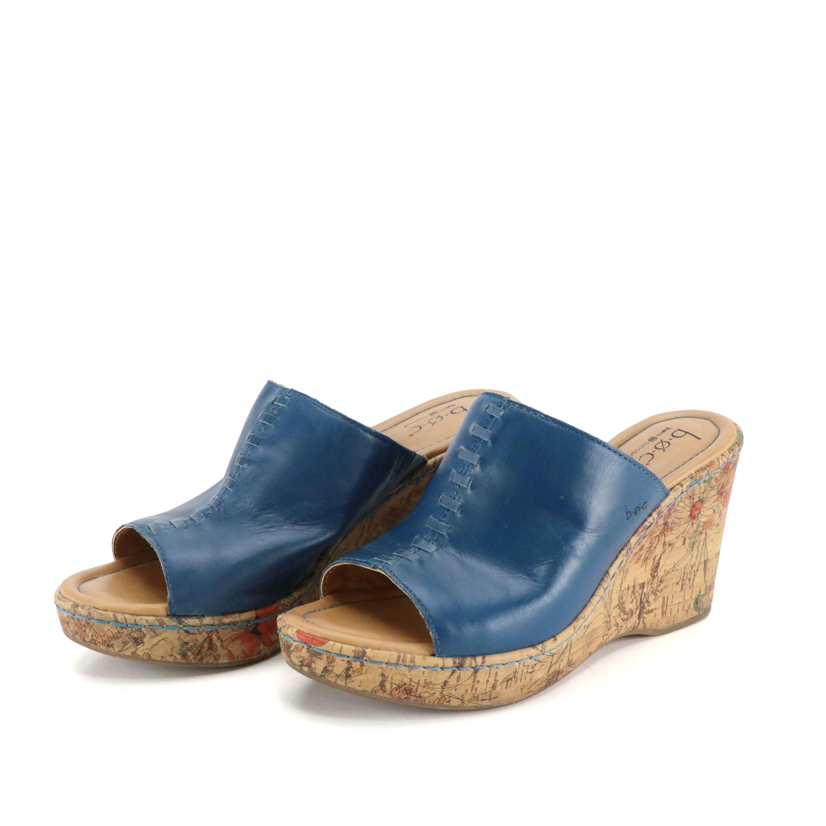 Børn Concepts "Starlet" Floral Printed Cork Wedges in Blue Leather, With Box