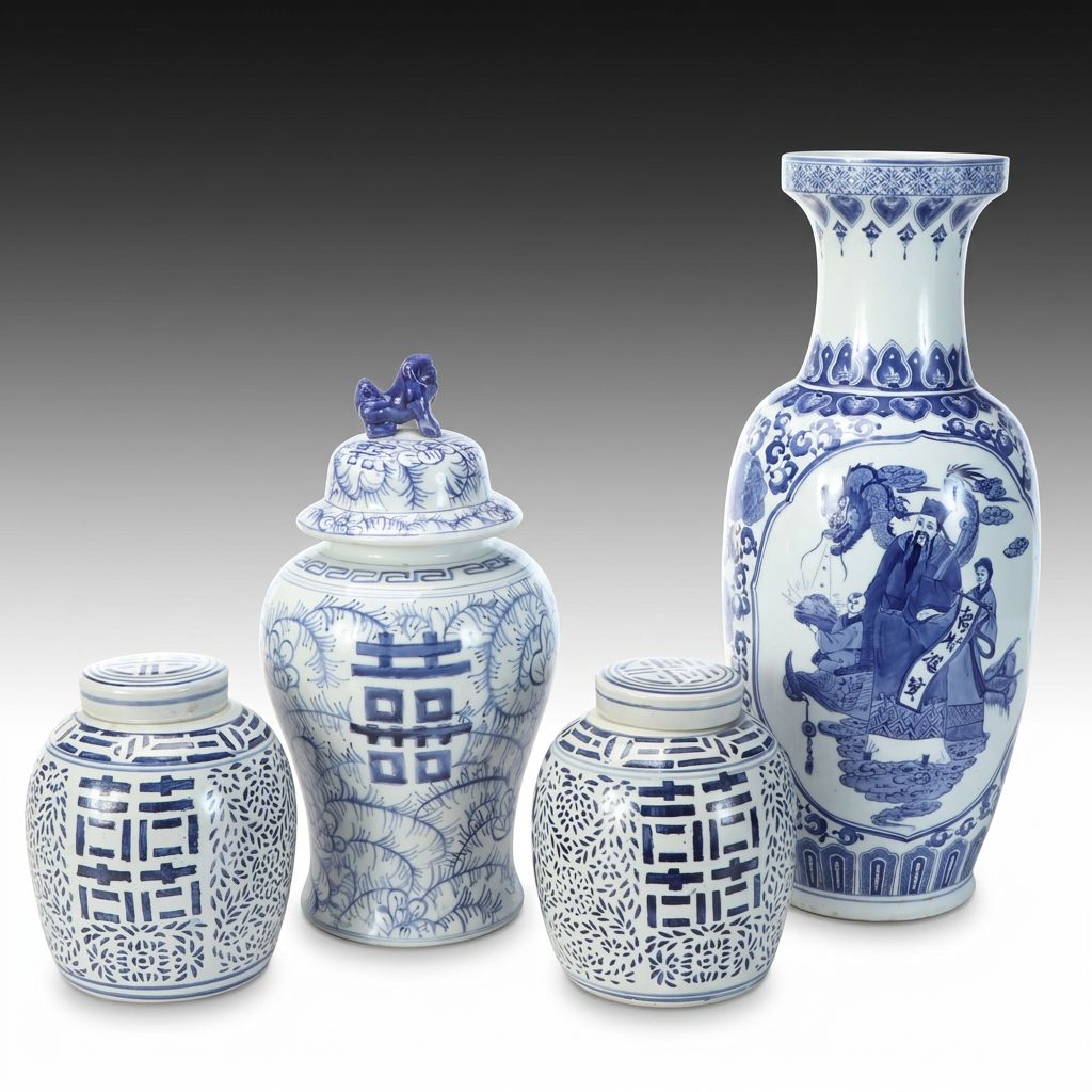 Chinese Blue and White Porcelain Ginger Jars, Vase and Temple Jar
