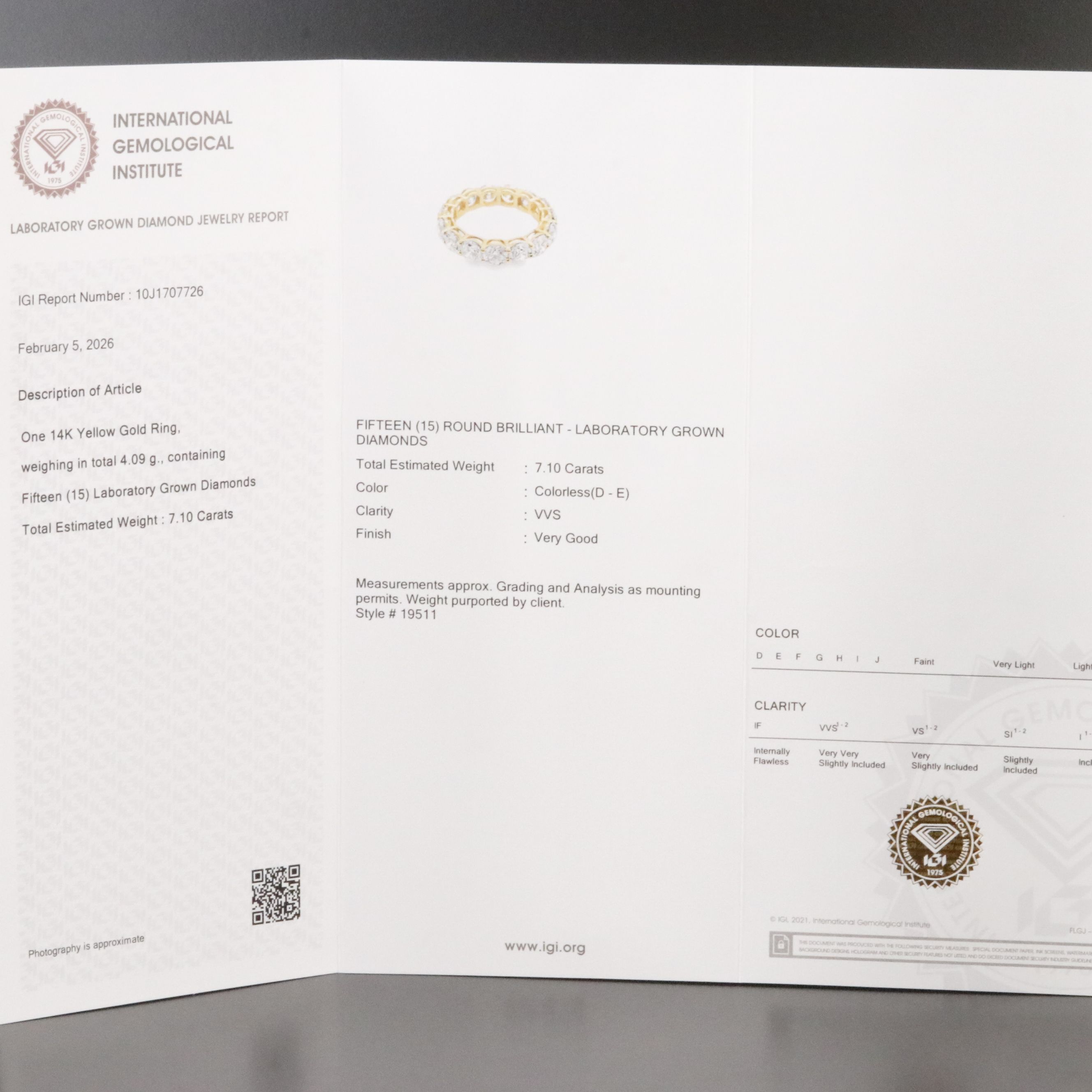 14K 7.10 CTW Lab Grown Diamond Eternity Band with IGI Jewelry Report