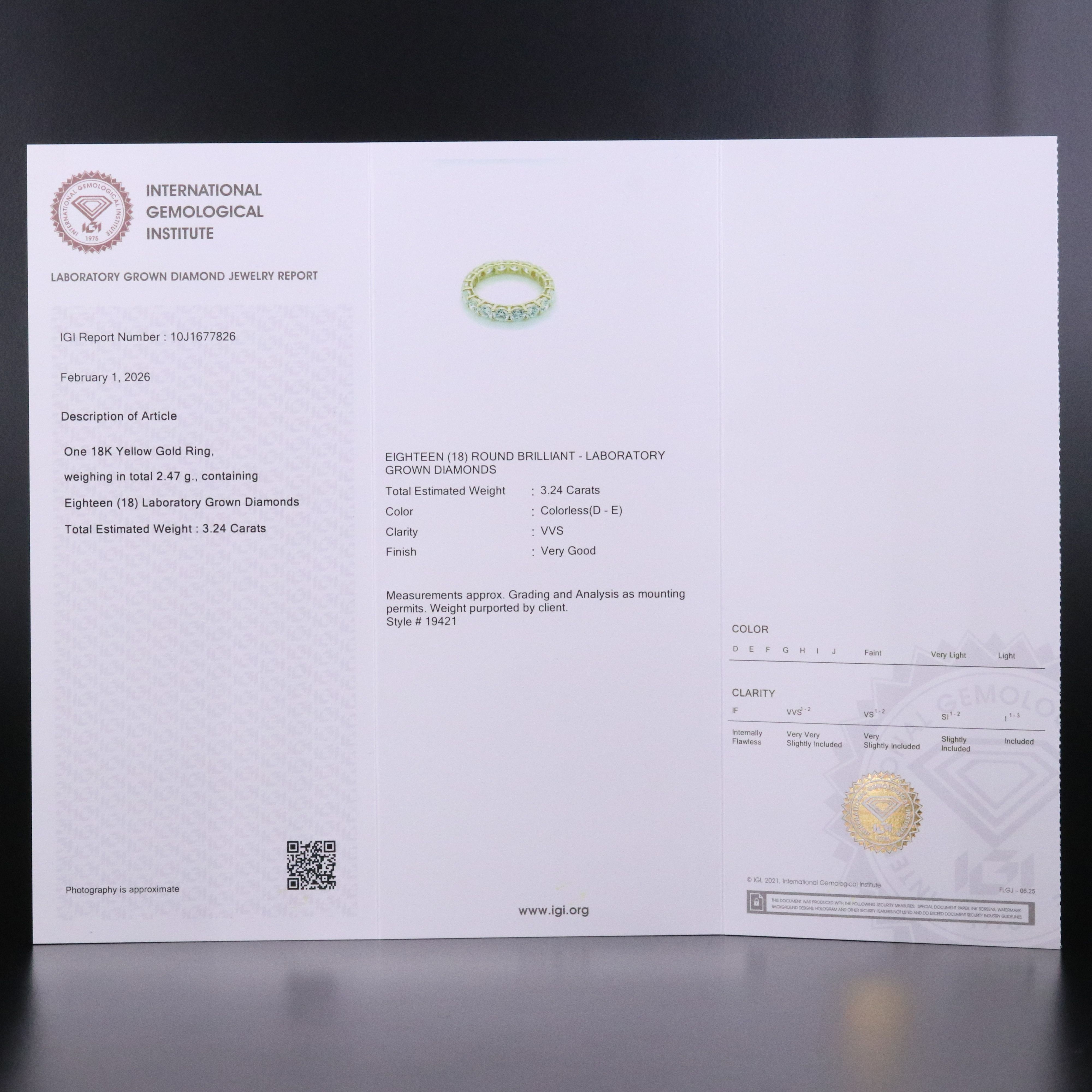 18K 3.24 CTW Lab Grown Diamond Eternity Band with IGI Jewelry Report