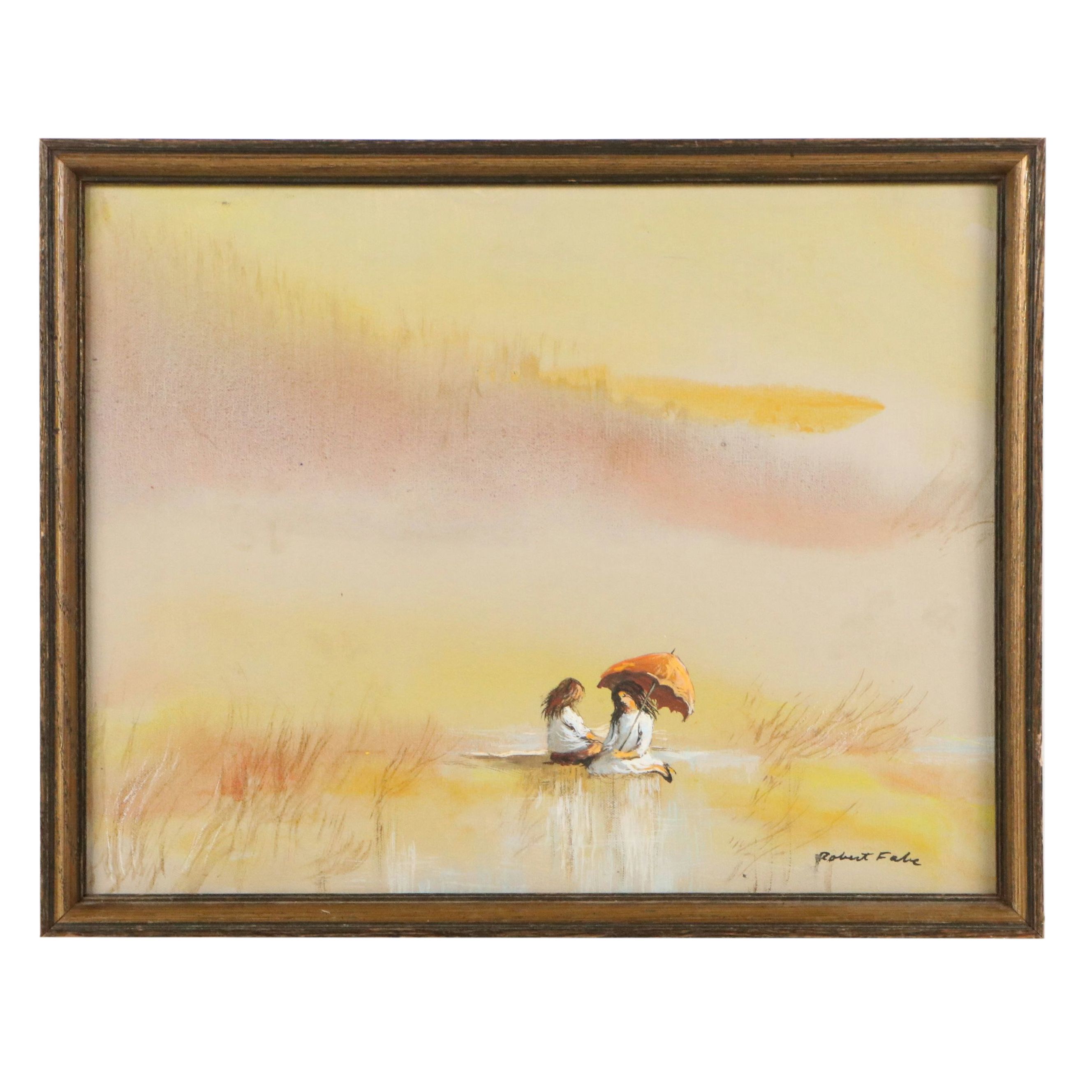 Robert Fabe Acrylic Painting of Nebulous Landscape with Figures