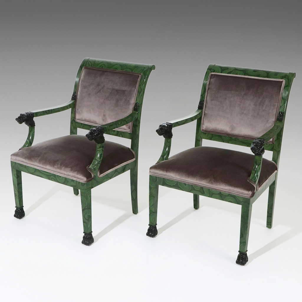 Pair of Lewis Mittman Empire Style Malachite Trompe-l'oeil Lacquered Armchairs