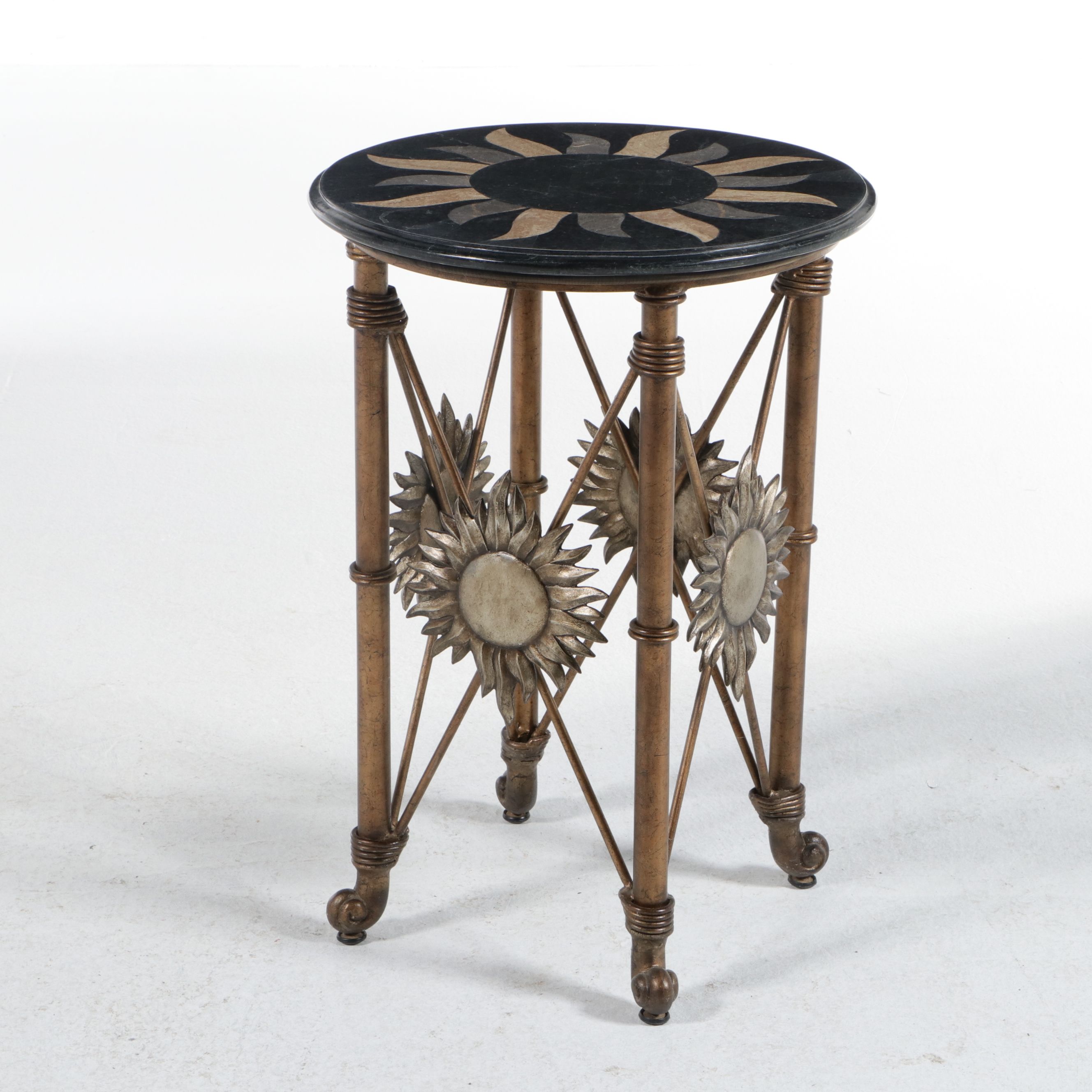 Modern Hollywood Regency Style Sunburst Pietra Dura and Gilt Metal Side Table