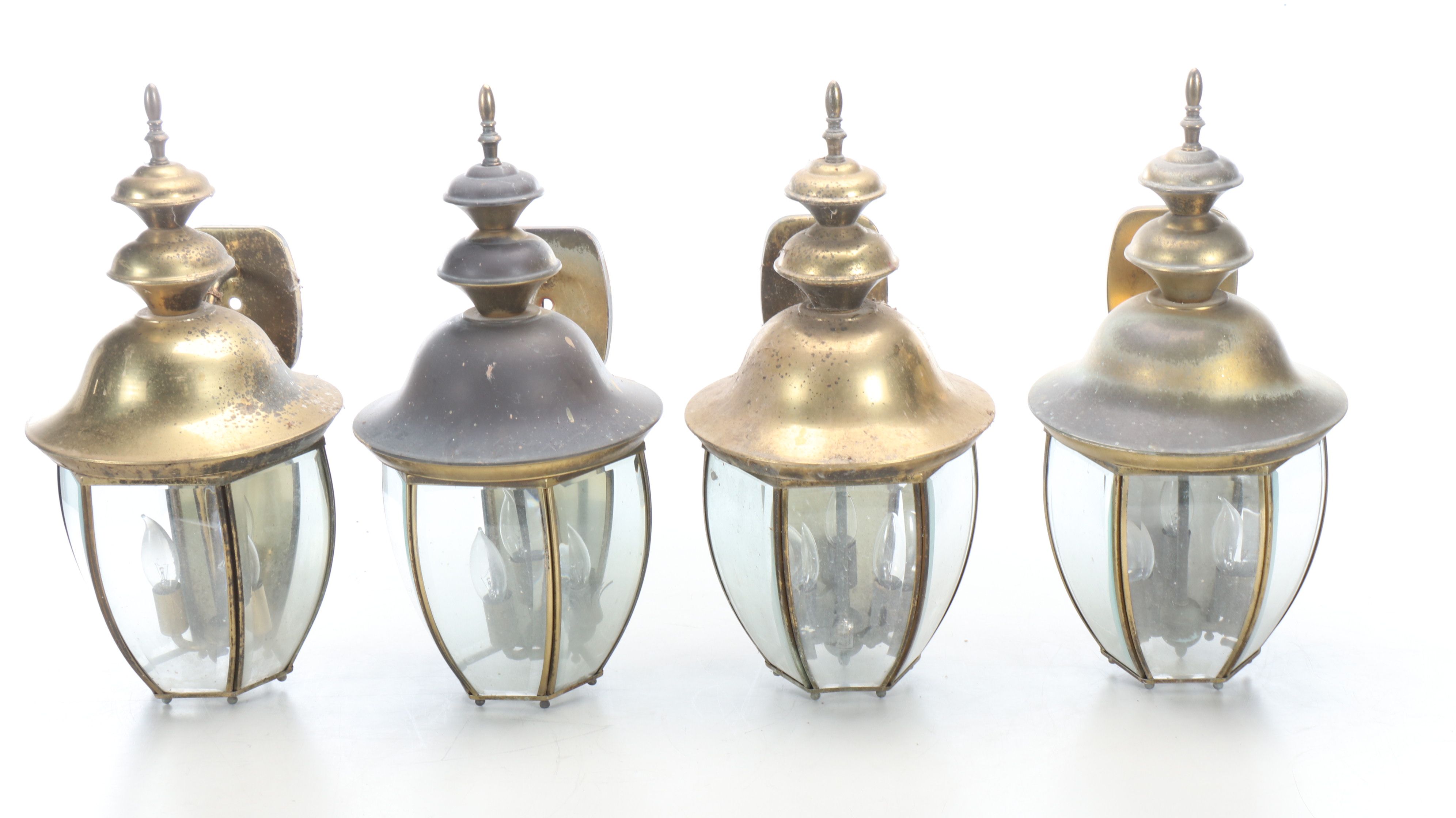 Beveled Glass and Brass Outdoor Lantern Wall Lights