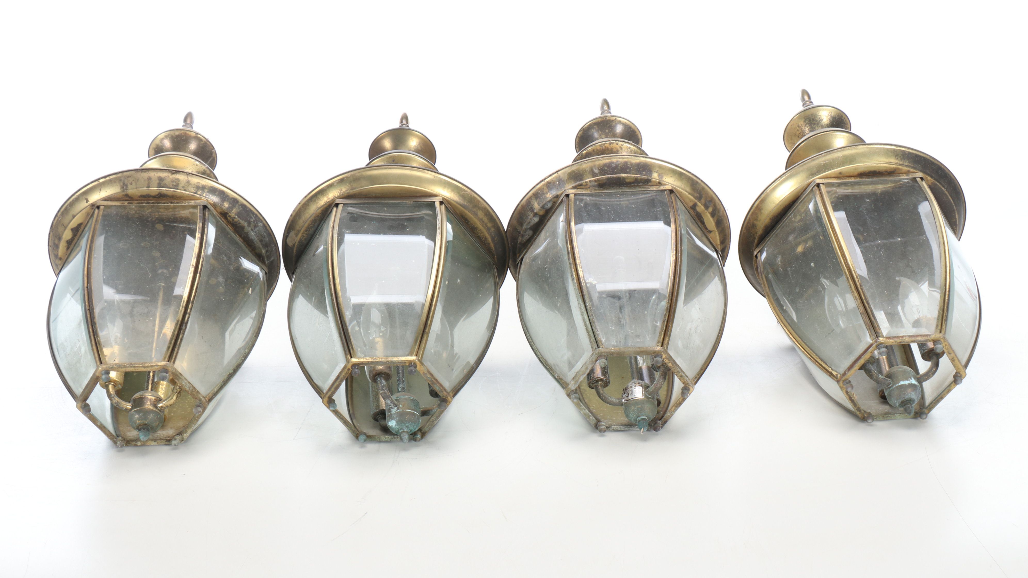 Beveled Glass and Brass Outdoor Lantern Wall Lights