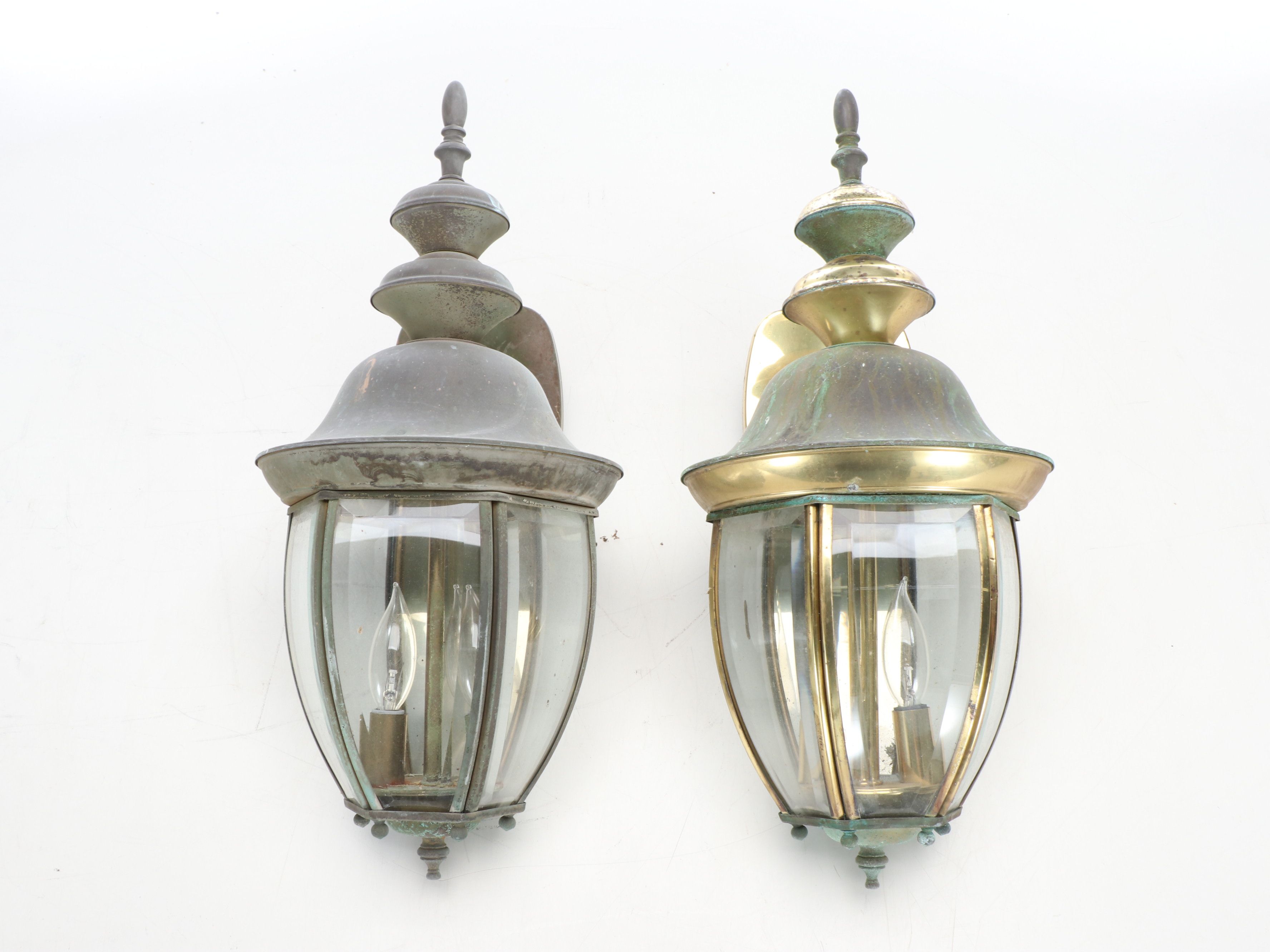 Beveled Glass and Brass Outdoor Lantern Wall Lights