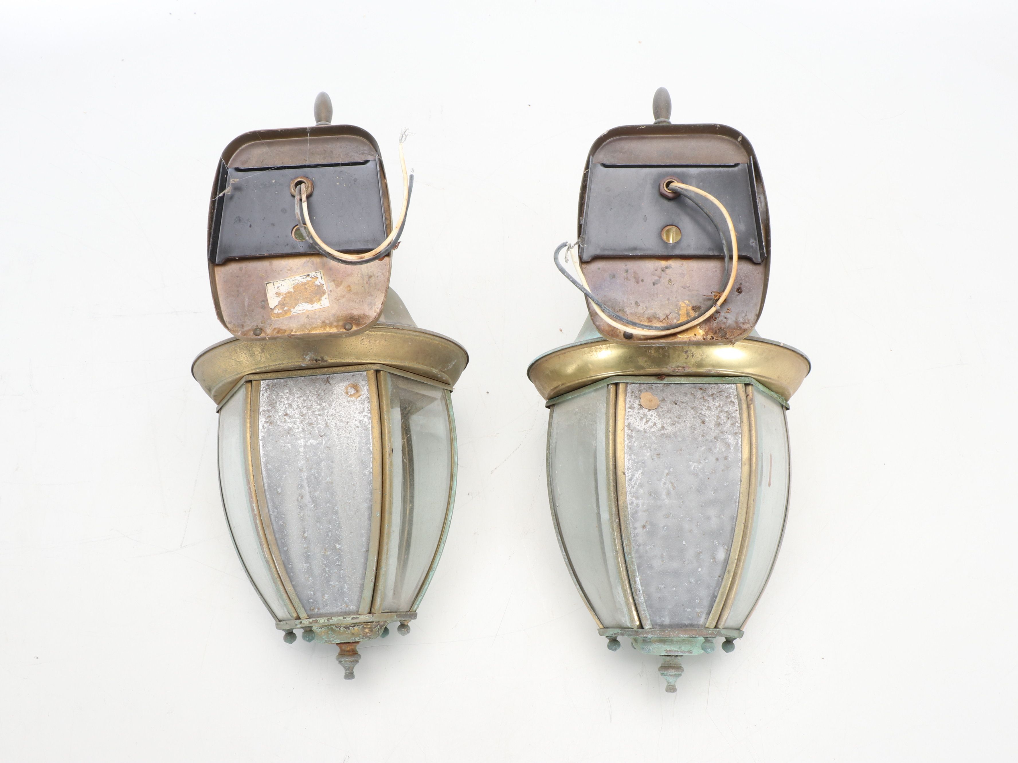 Beveled Glass and Brass Outdoor Lantern Wall Lights